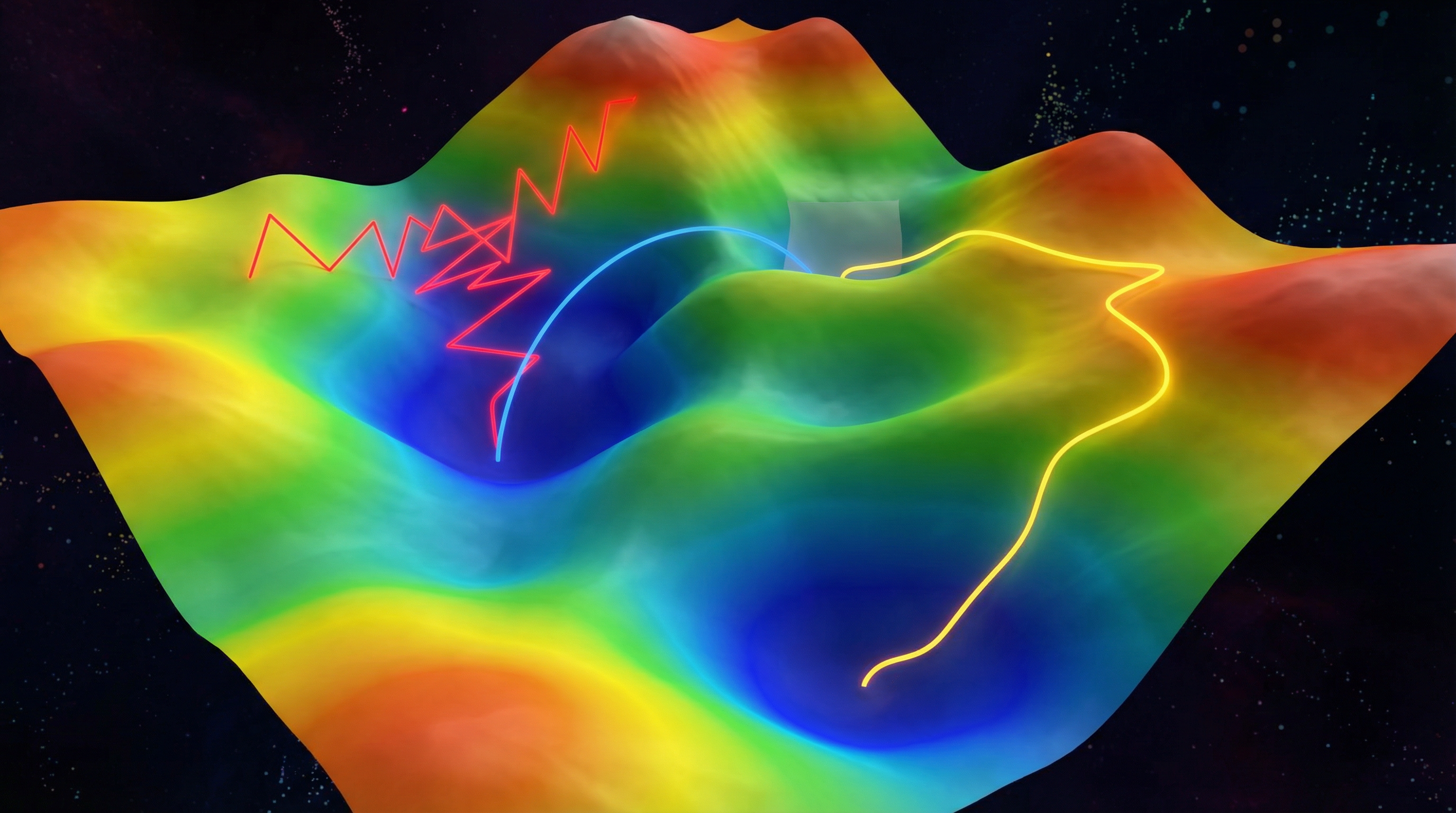 3D 손실 지형 위의 세 가지 옵티마이저 궤적: SGD(지그재그), 모멘텀(부드러운 곡선), Adam(효율적 경로)