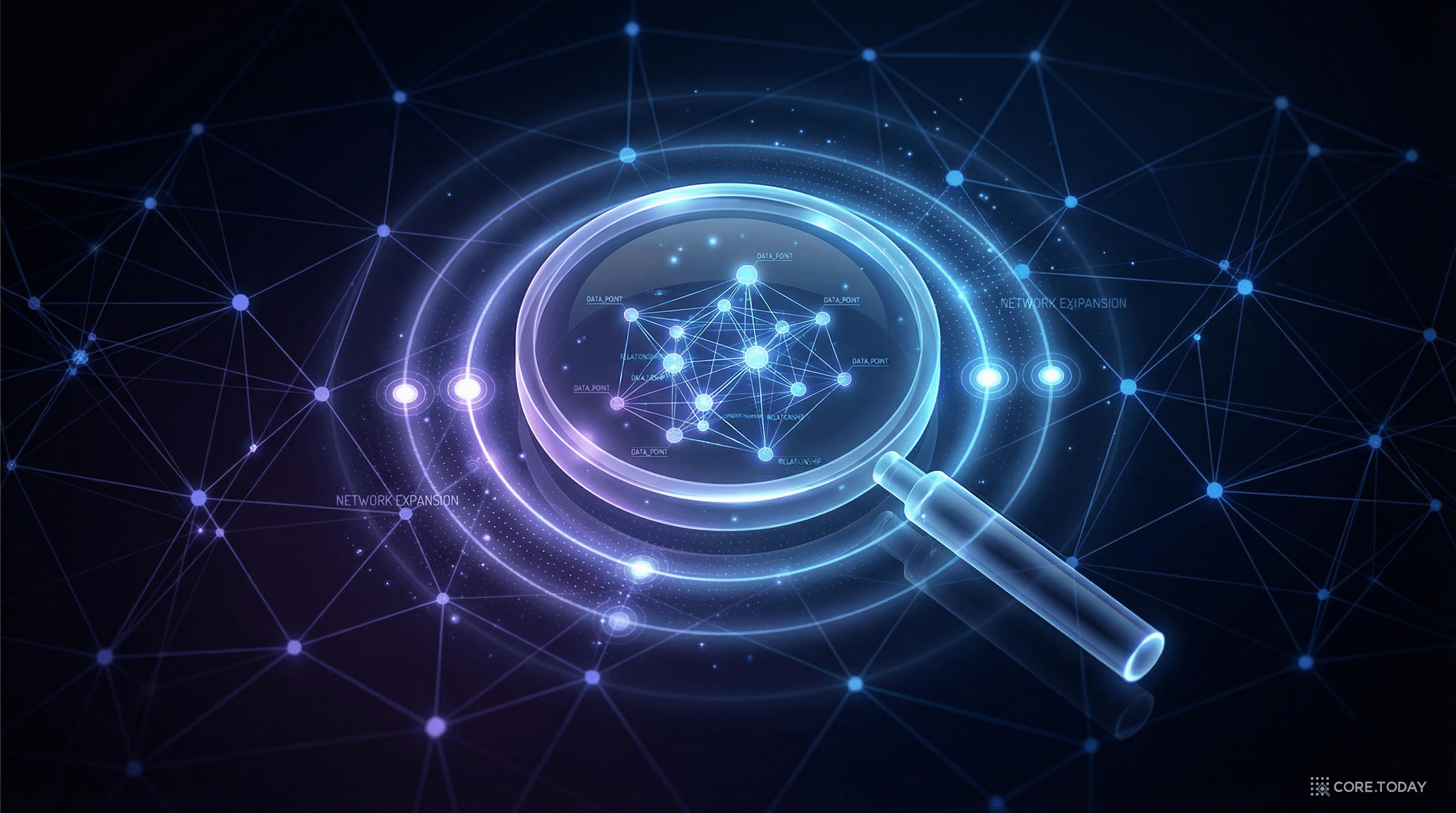 돋보기로 그래프의 이웃 노드들이 펼쳐지는 서브그래프 확장 과정