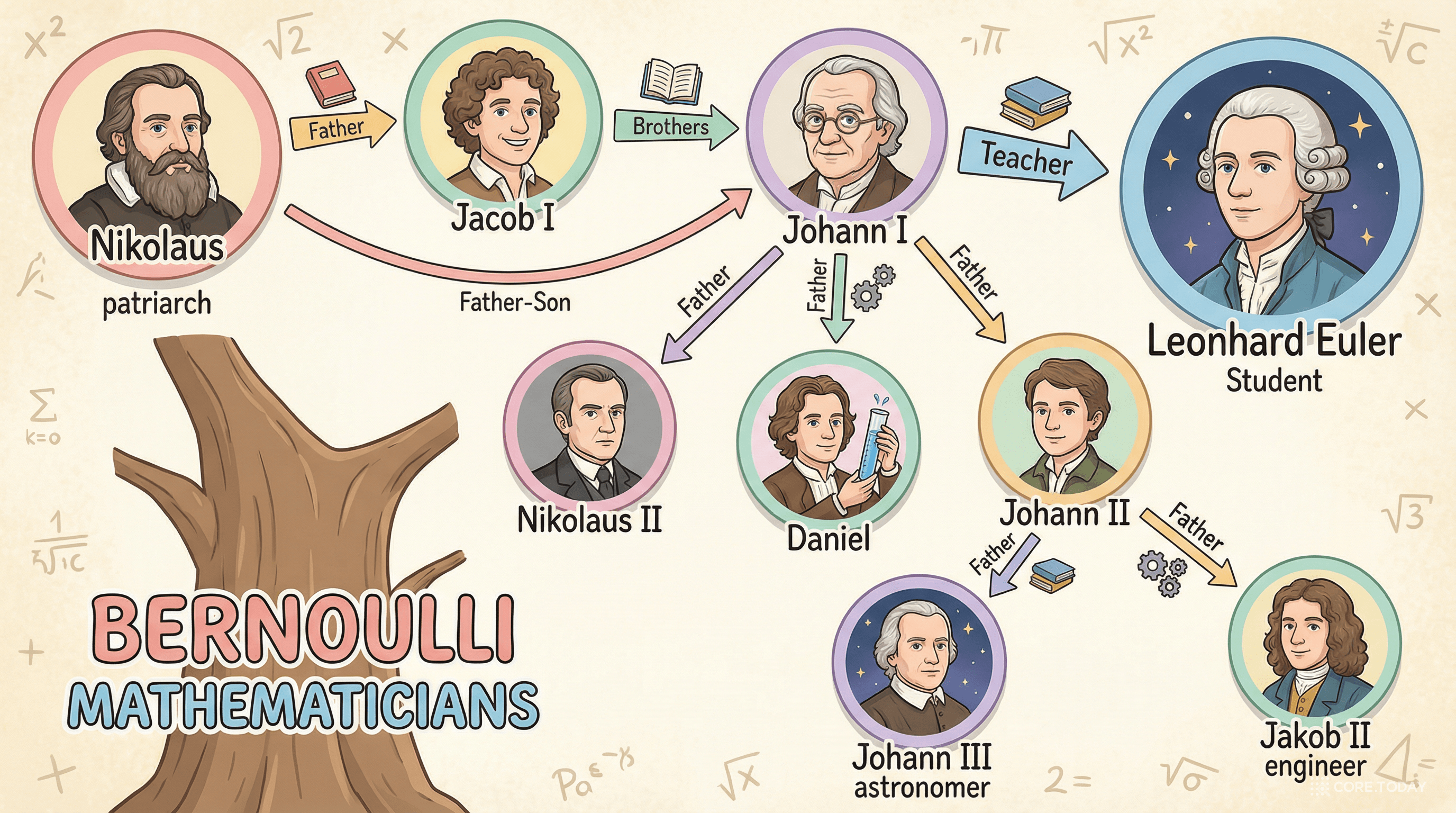 베르누이 가문과 오일러의 관계를 보여주는 지식 그래프 트리플렛 — 가족, 스승-제자 관계의 시각화