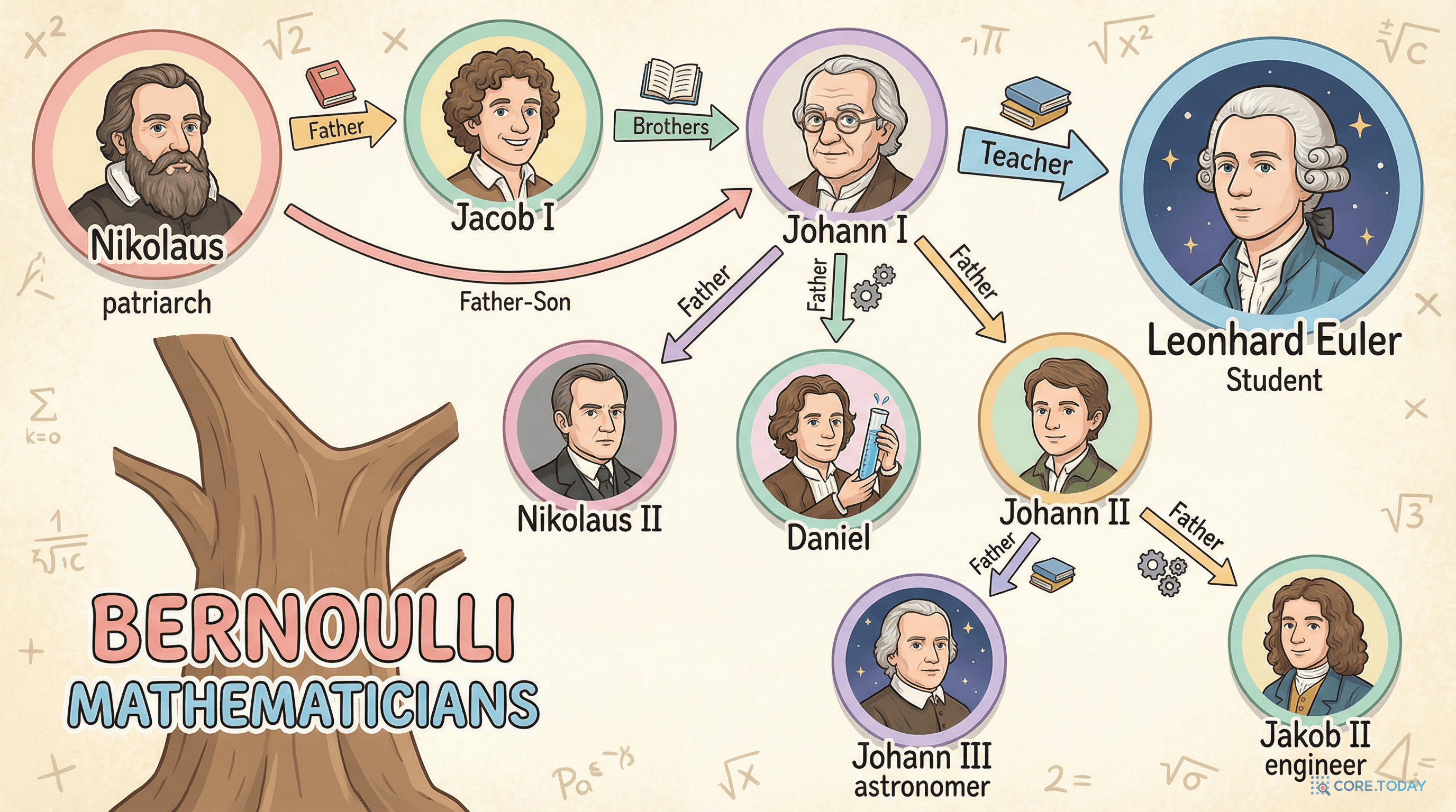 베르누이 가문과 오일러의 관계를 보여주는 지식 그래프 트리플렛 — 가족, 스승-제자 관계의 시각화