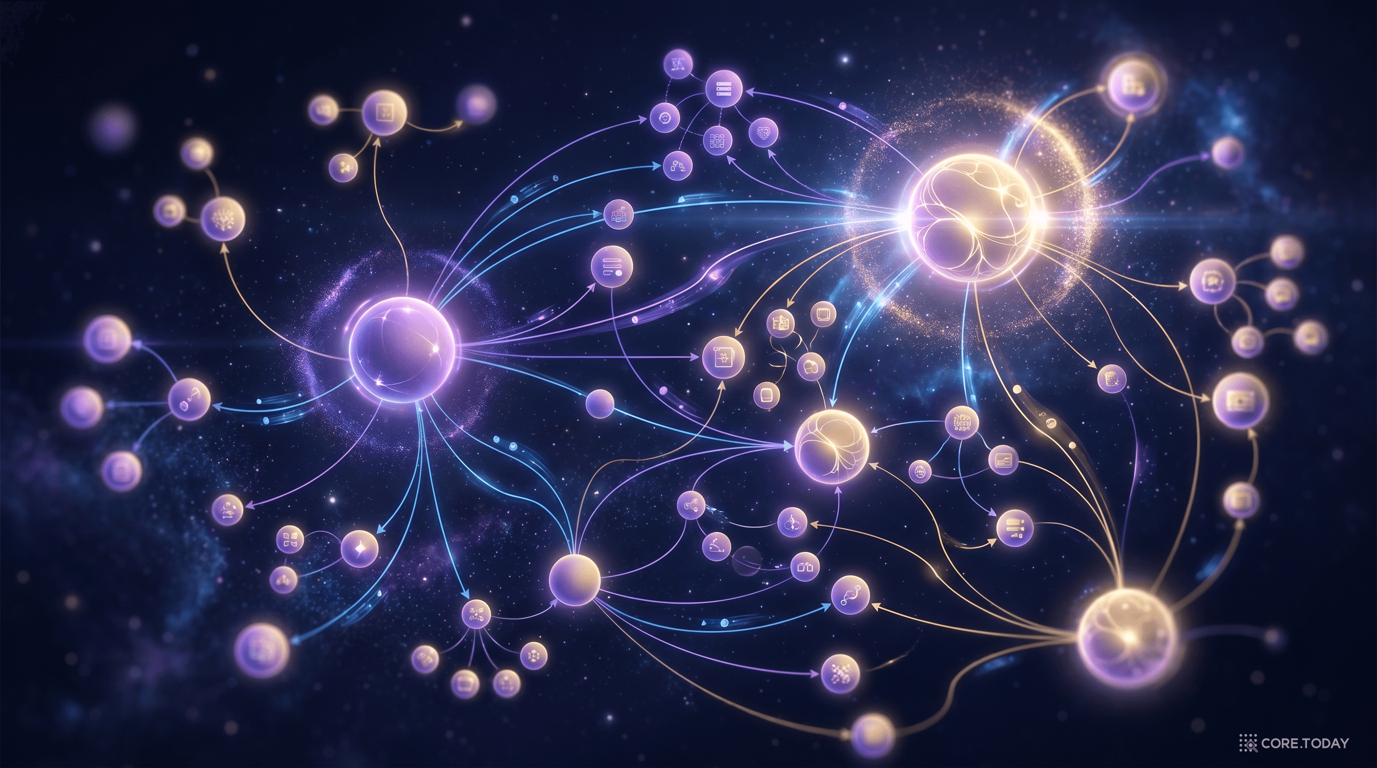 노드와 엣지로 구성된 지식 그래프의 시각적 표현 — 기업, 제품, 기술이 관계로 연결된다