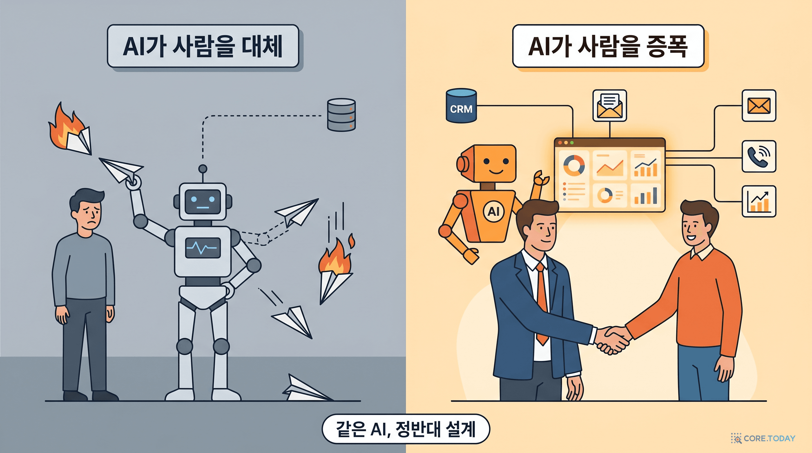 같은 AI, 정반대 설계 — AI가 사람을 대체 vs AI가 사람을 증폭