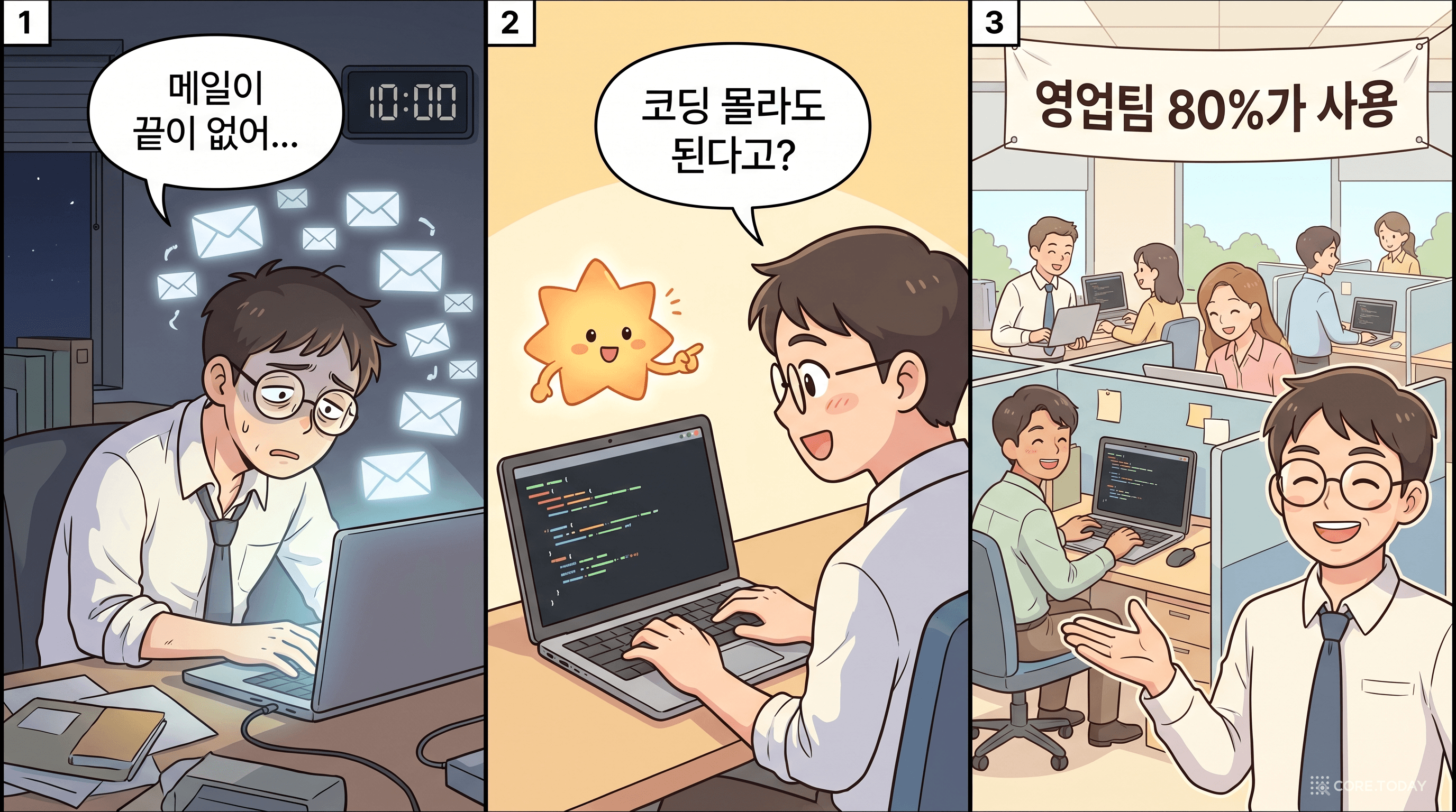 자레드의 변화를 그린 3컷 웹툰 — 밤 10시의 메일 지옥에서 영업팀 80%가 쓰는 도구까지