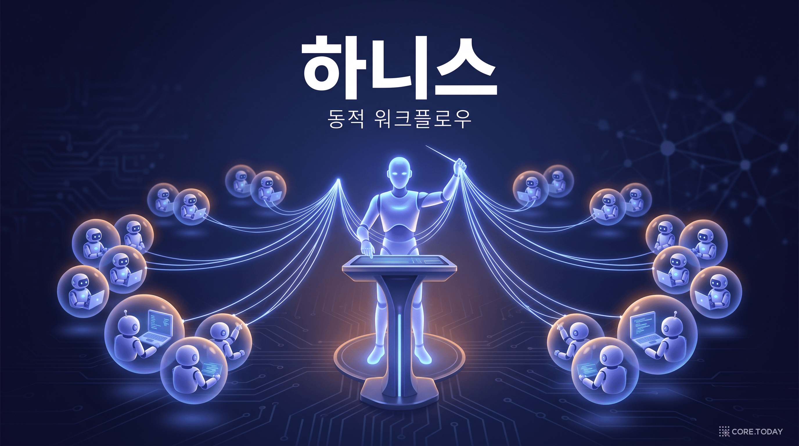 하니스 — 동적 워크플로우. 오케스트레이터가 여러 에이전트를 지휘하는 모습