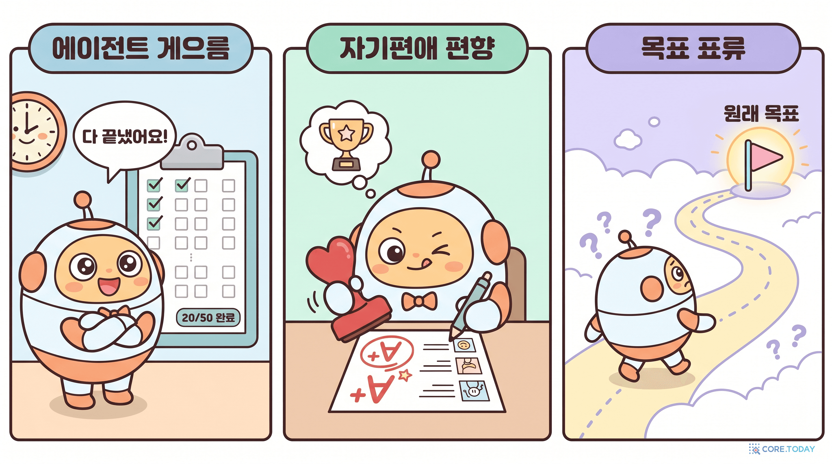 에이전트 게으름 · 자기편애 편향 · 목표 표류 — 3가지 실패 방식을 그린 웹툰