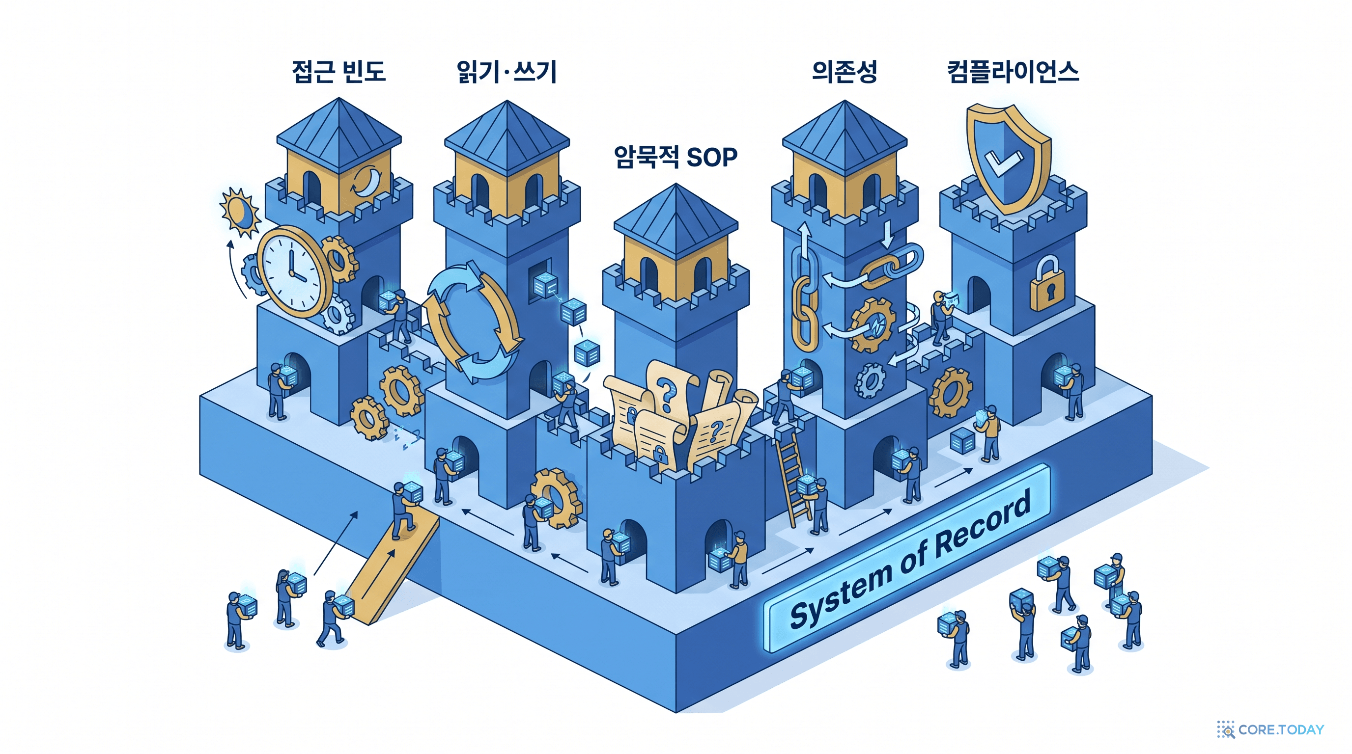 엔터프라이즈 시스템 오브 레코드의 5가지 해자를 5개 탑으로 시각화한 성채 일러스트
