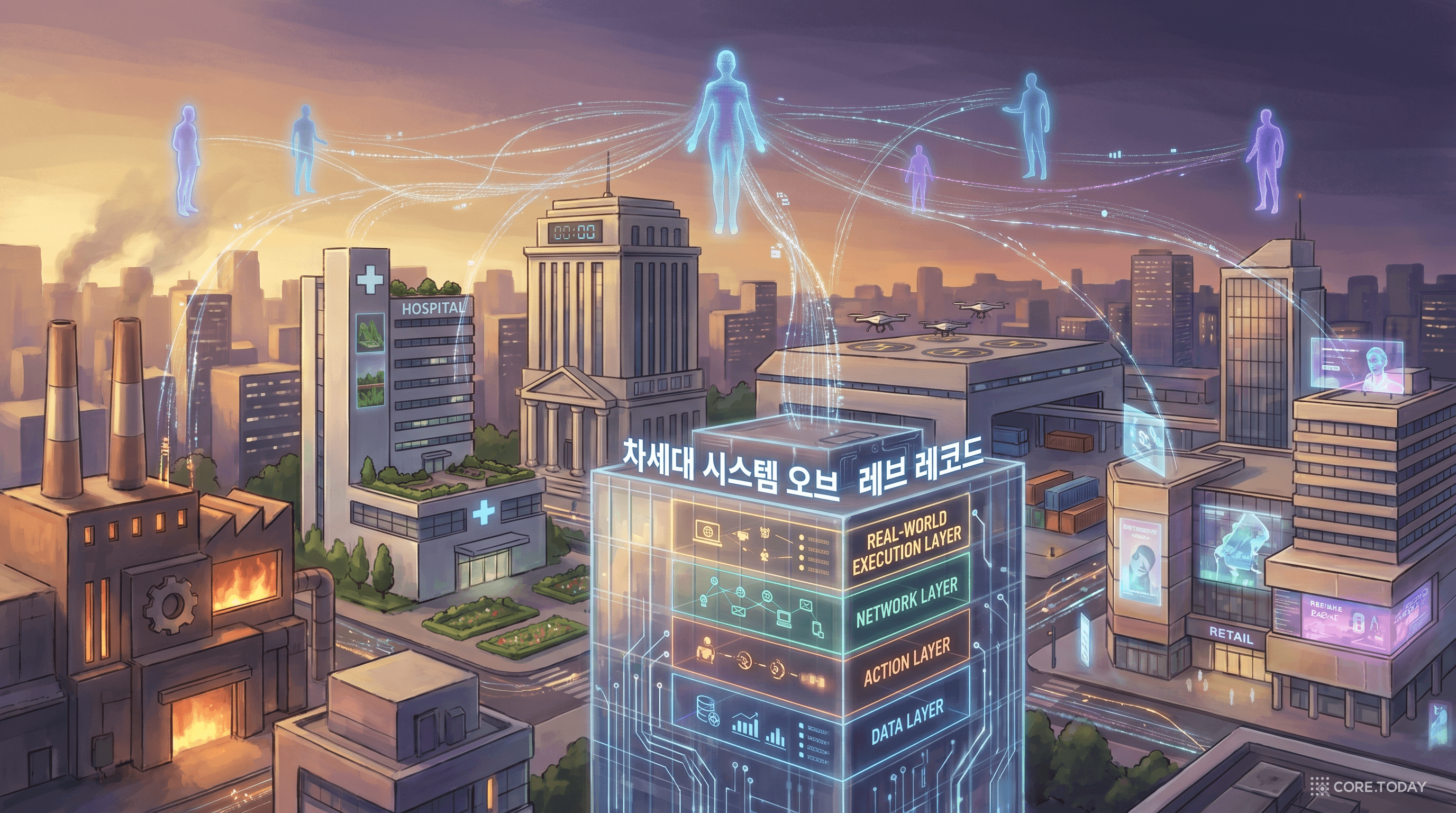 다음 세대 시스템 오브 레코드를 도시 스카이라인 위에 표현한 미래 비전 일러스트