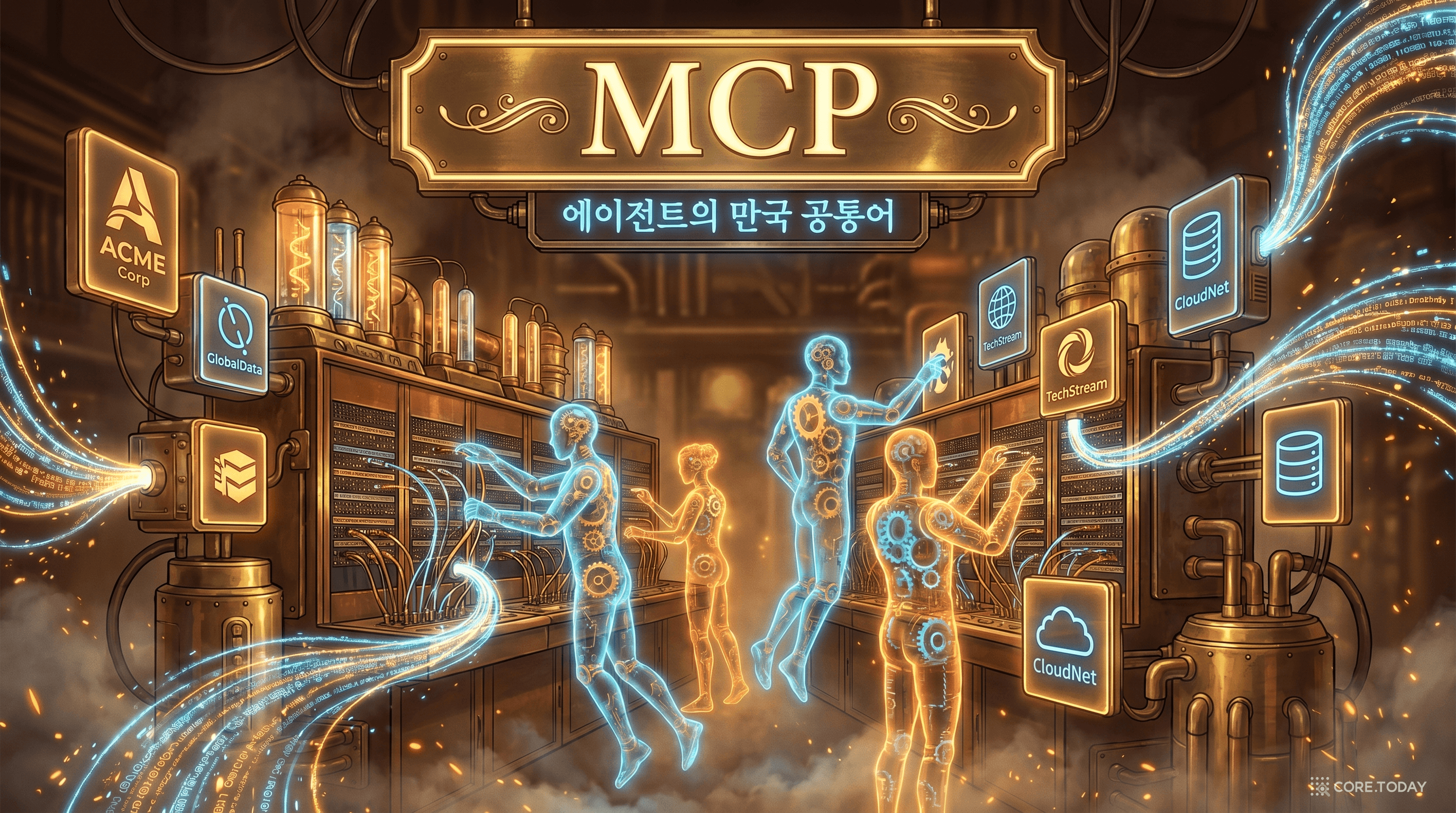 MCP 모델 컨텍스트 프로토콜을 묘사한 스위치보드 형태의 일러스트. AI 에이전트들이 데이터 흐름으로 SaaS 로고들과 연결되는 모습