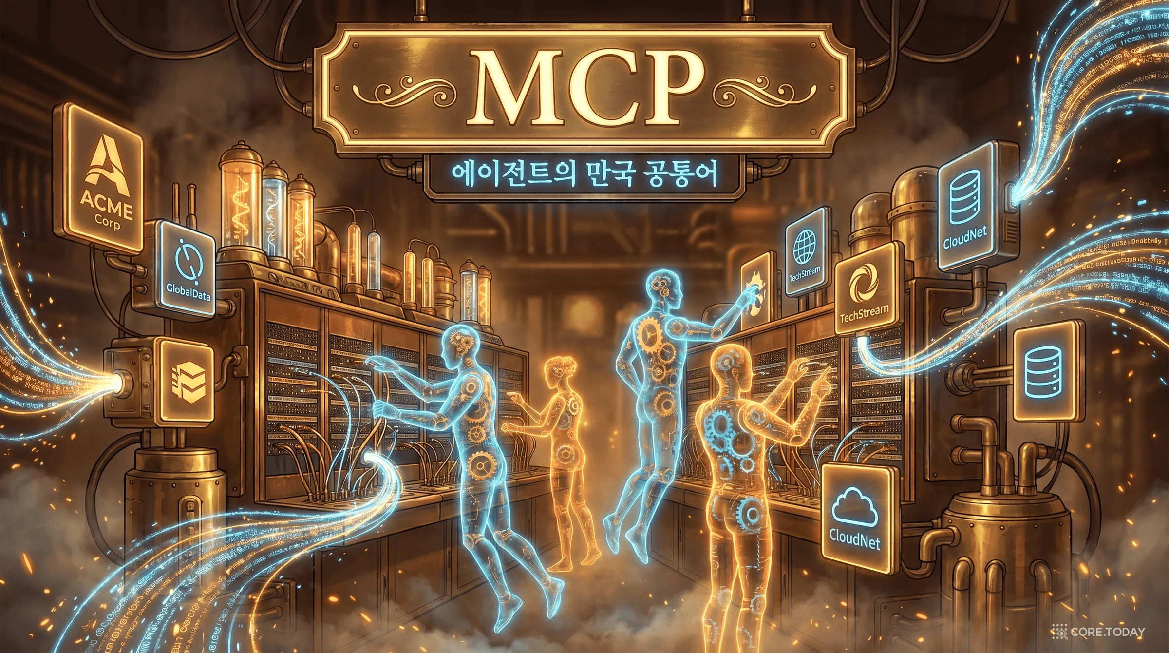 MCP 모델 컨텍스트 프로토콜을 묘사한 스위치보드 형태의 일러스트. AI 에이전트들이 데이터 흐름으로 SaaS 로고들과 연결되는 모습