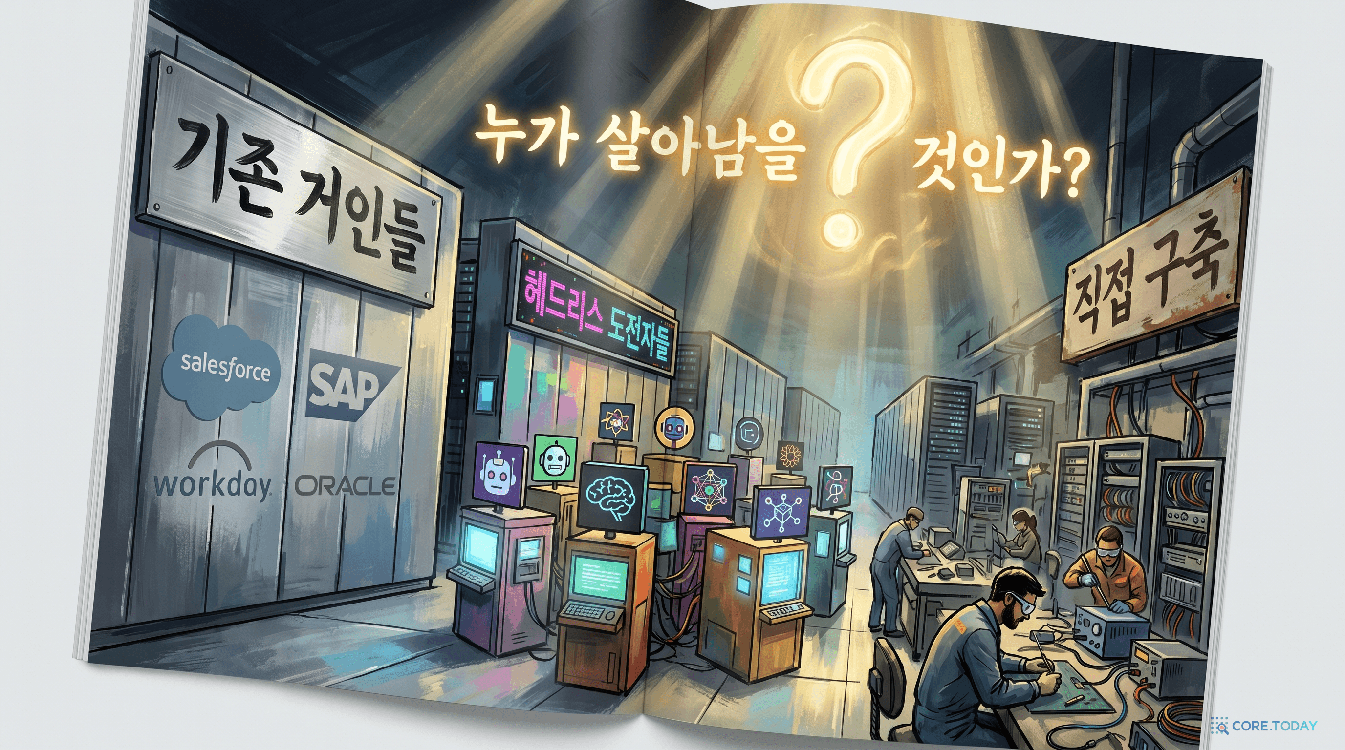 엔터프라이즈 서버룸에서 세 진영(기존 거인·헤드리스 도전자·DIY)이 격돌하는 모습을 묘사한 일러스트