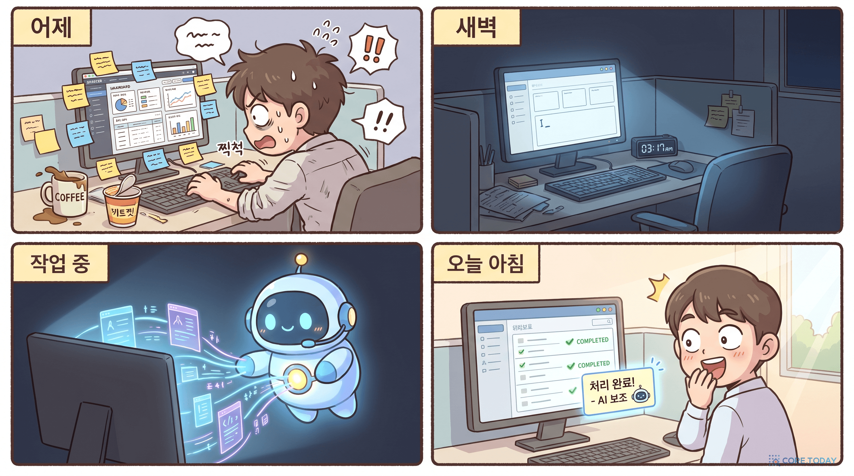 과거 SaaS 시대의 인간 워크플로우와 AI 에이전트 시대의 자동 워크플로우를 4컷 만화로 비교한 일러스트