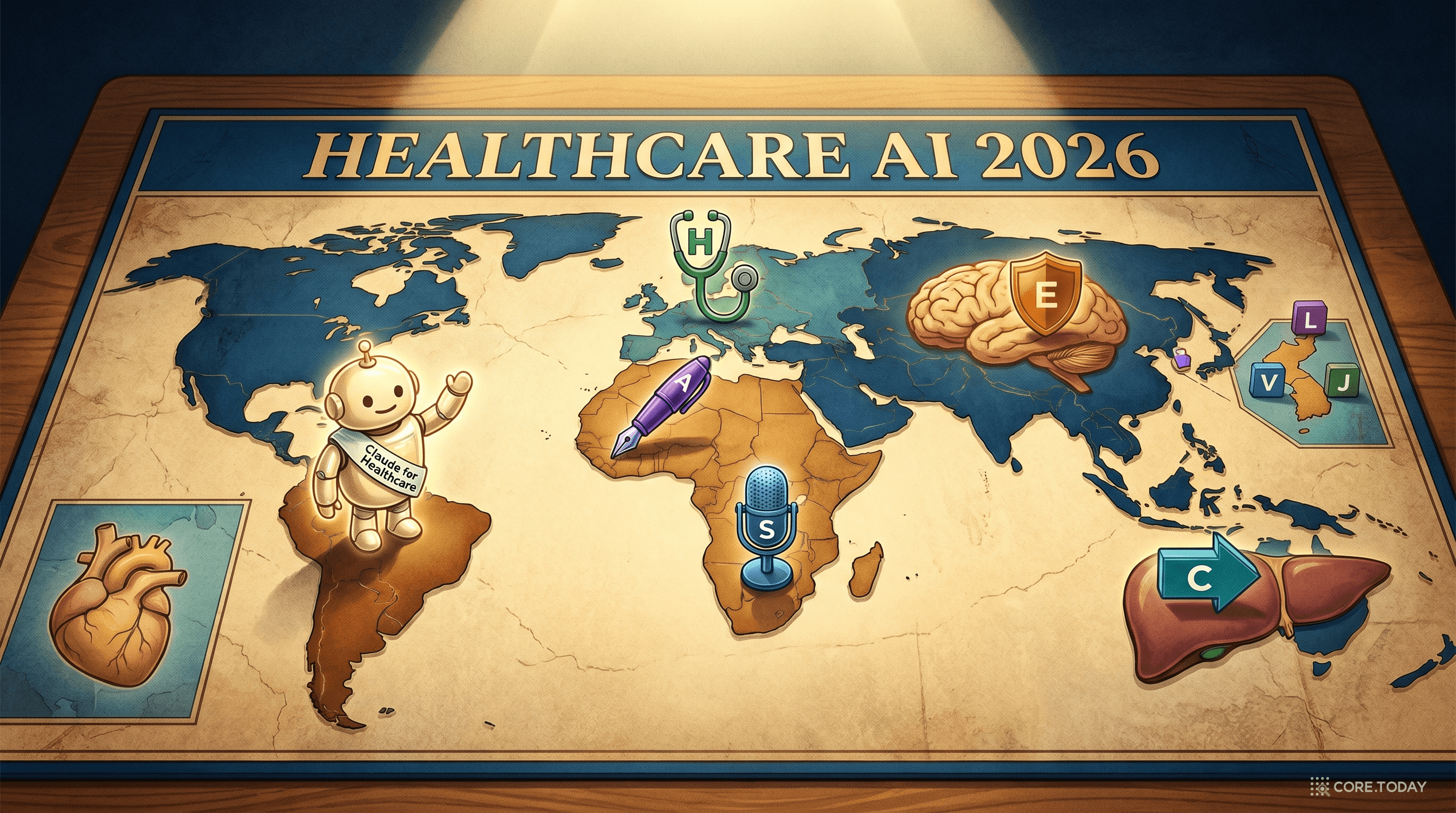 Healthcare AI 전장 일러스트 — 세계지도 보드게임 위에 Claude·Hippocratic·Abridge·Suki·Epic·Cerner 미니어처가 한국 L·V·J와 함께 의료 AI 영토를 두고 경쟁하는 장면