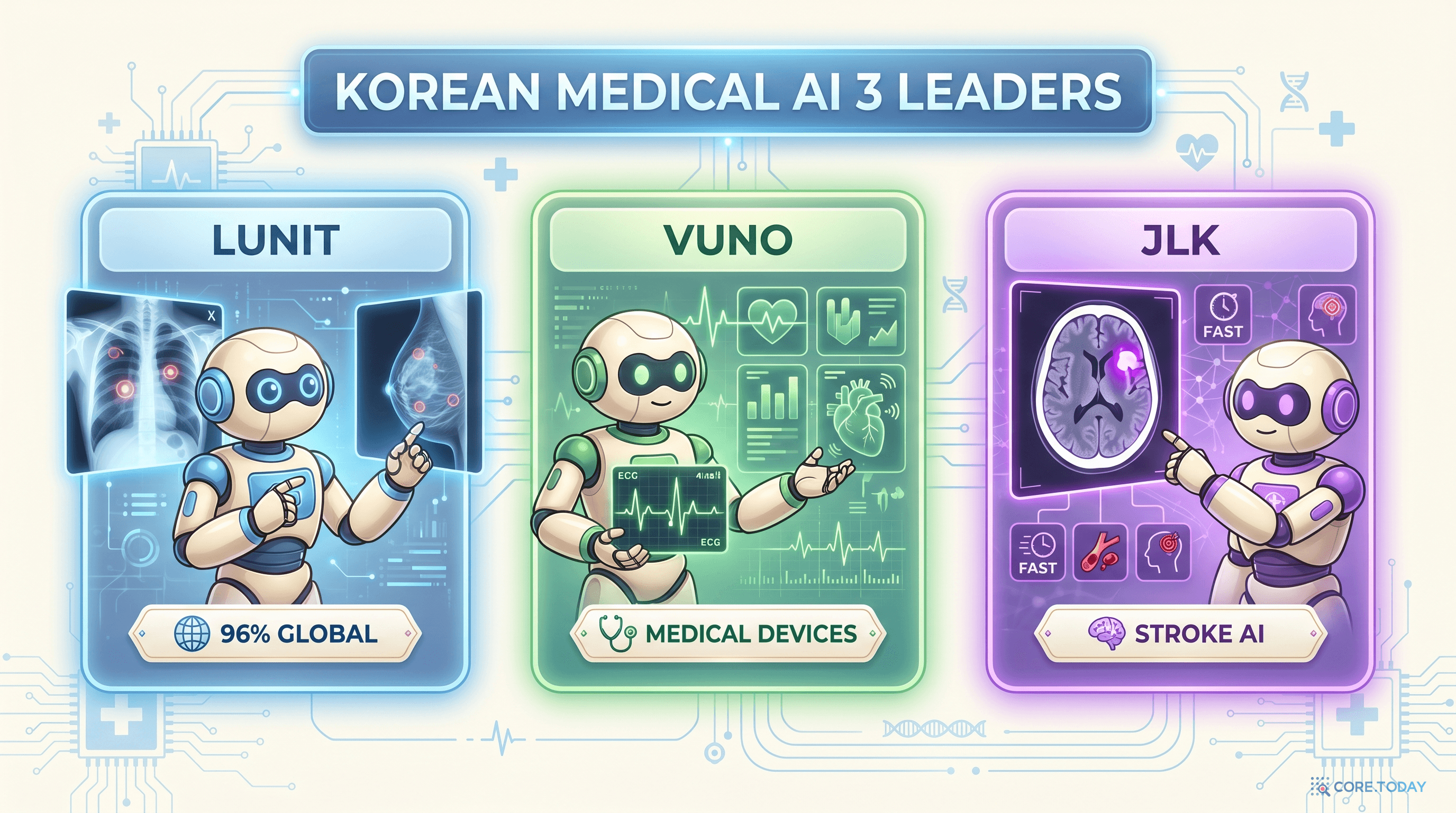 Korean Medical AI 3 leaders 일러스트 — LUNIT(96% 글로벌), VUNO(의료기기), JLK(뇌졸중 AI) 3개 한국 의료 AI 기업 비교 인포그래픽