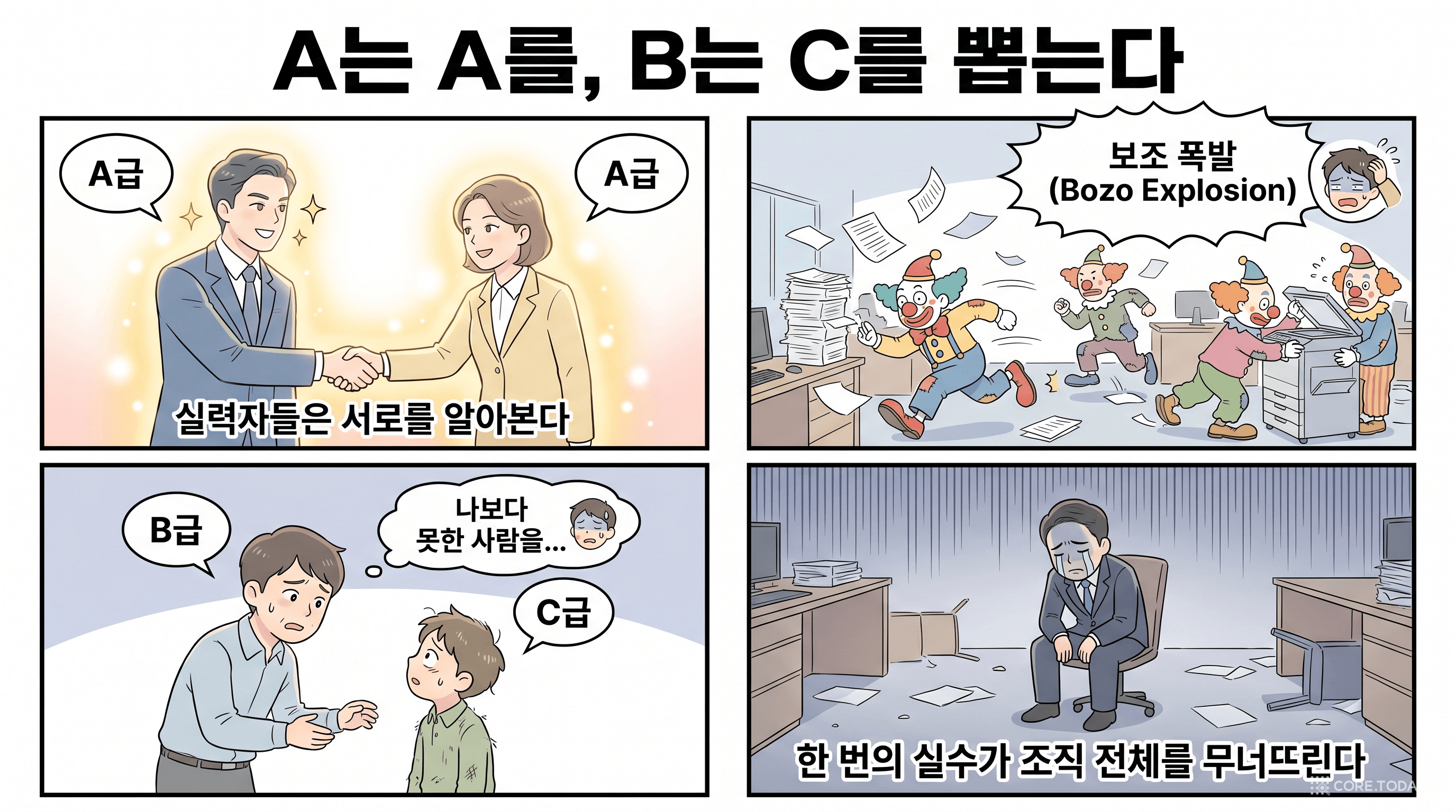 A는 A를, B는 C를 뽑는다 — 보조 폭발(Bozo Explosion)이 조직을 무너뜨리는 4단계