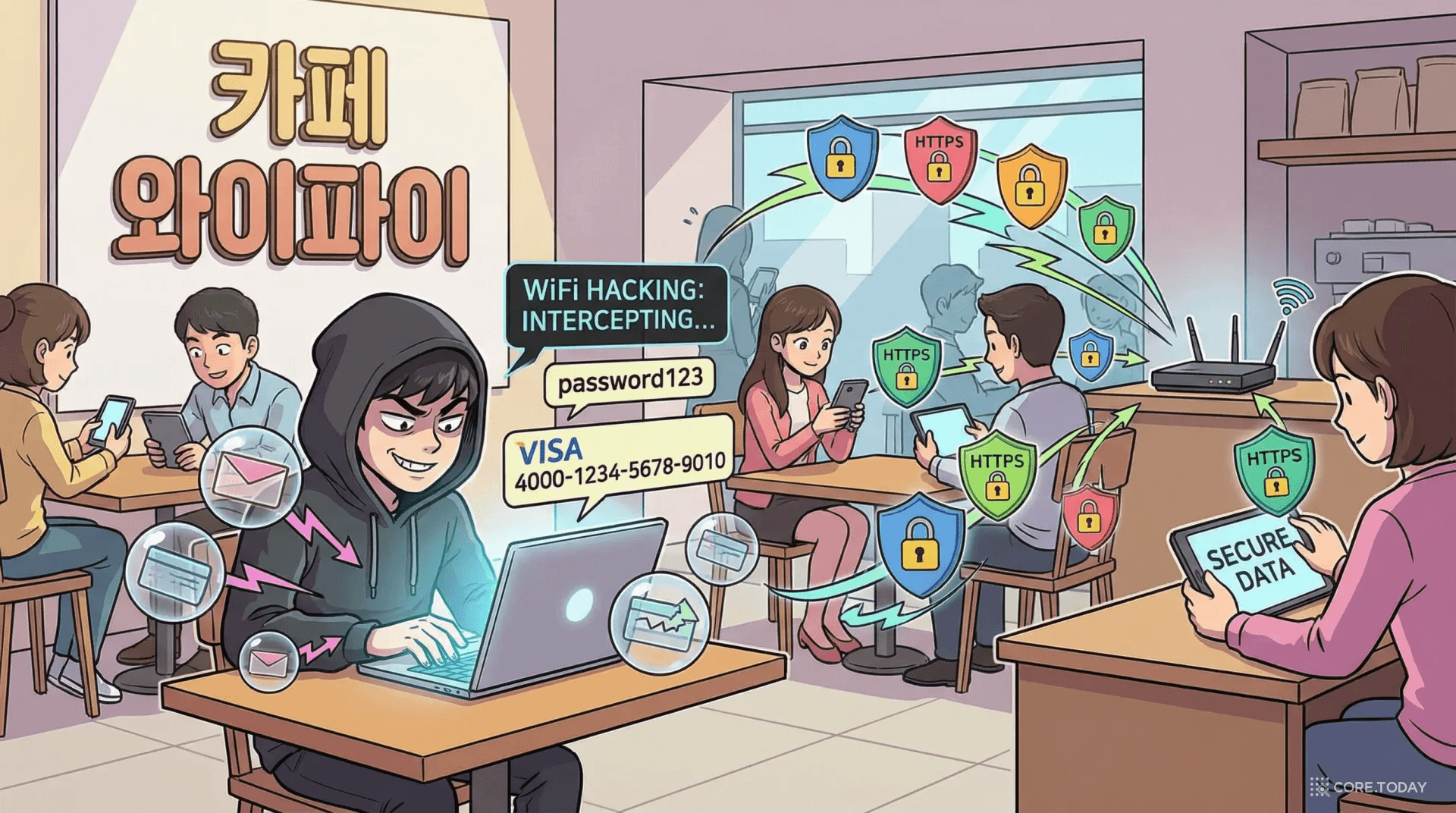 카페 와이파이에서 해커가 평문 데이터를 가로채는 장면과 HTTPS 암호화 패킷이 안전한 모습의 대비