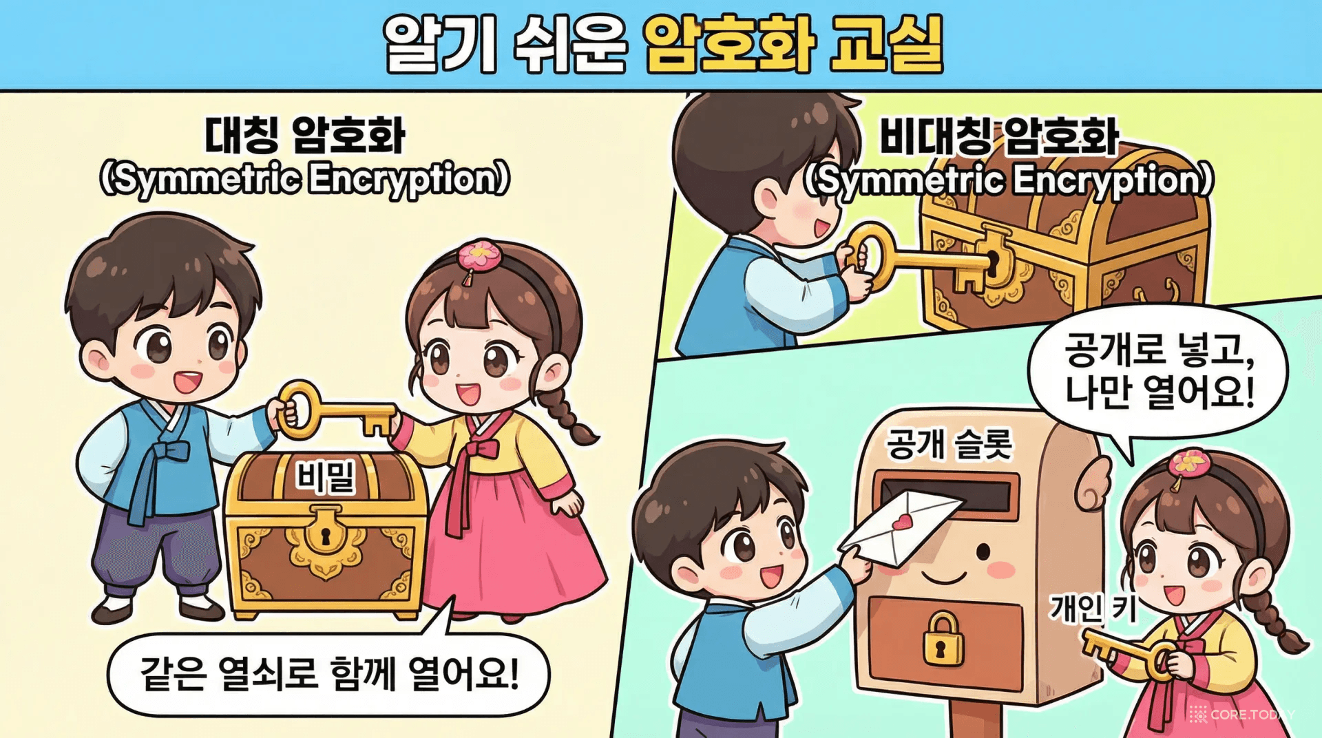 대칭키와 비대칭키를 한국 전통 자물쇠에 비유한 일러스트 — 같은 열쇠 vs 공개 잠금장치와 비밀 열쇠