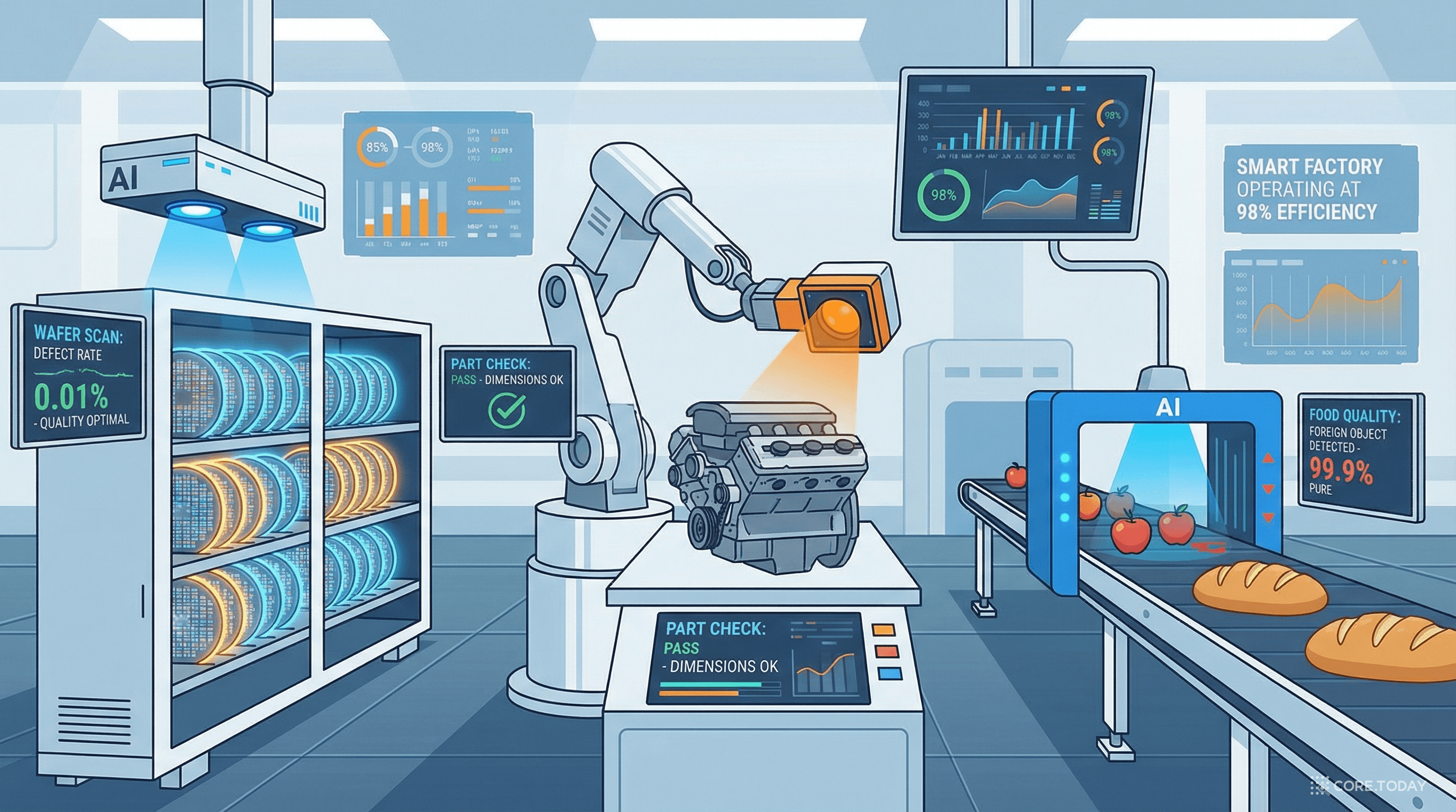 스마트 공장에서 AI 비전이 활용되는 다양한 장면: 반도체 검사, 자동차 조립 검사, 식품 품질 검사