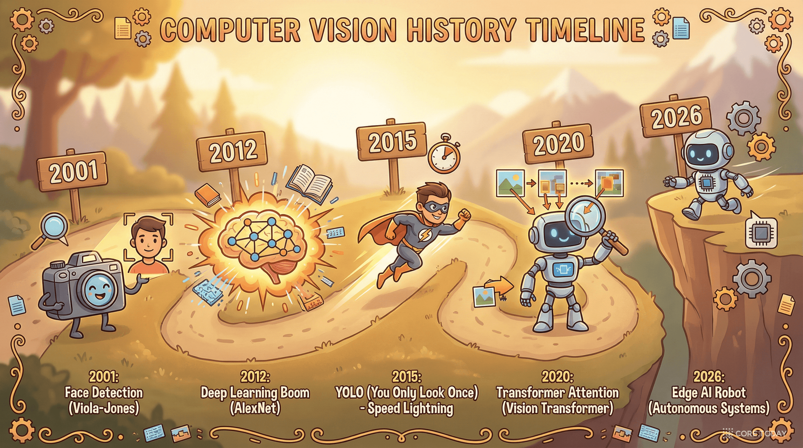 컴퓨터 비전 25년의 역사를 보여주는 타임라인: 규칙 기반(2001)에서 딥러닝(2012), 트랜스포머(2020), VFM 시대(2026)까지