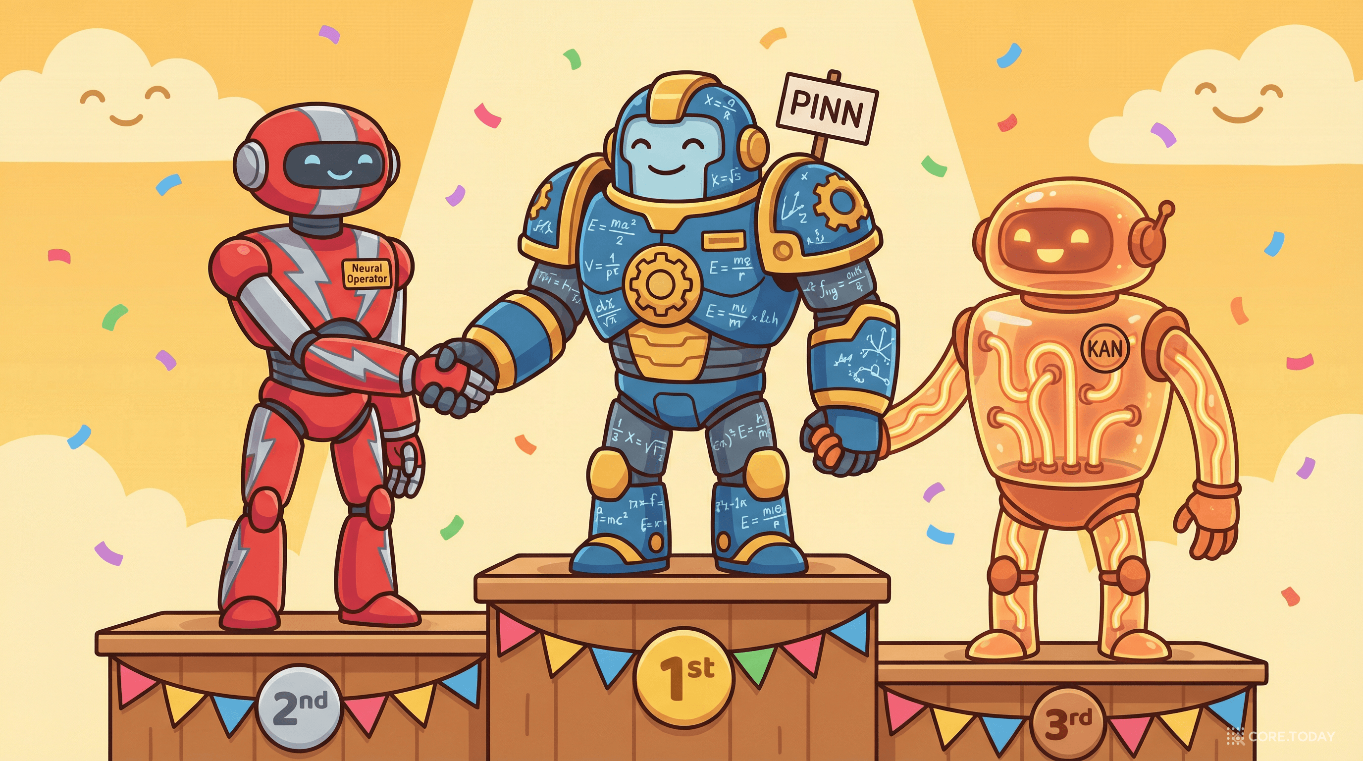 세 로봇의 우정 어린 경쟁 — PINN, Neural Operator, KAN이 시상대에서 악수하고 있다
