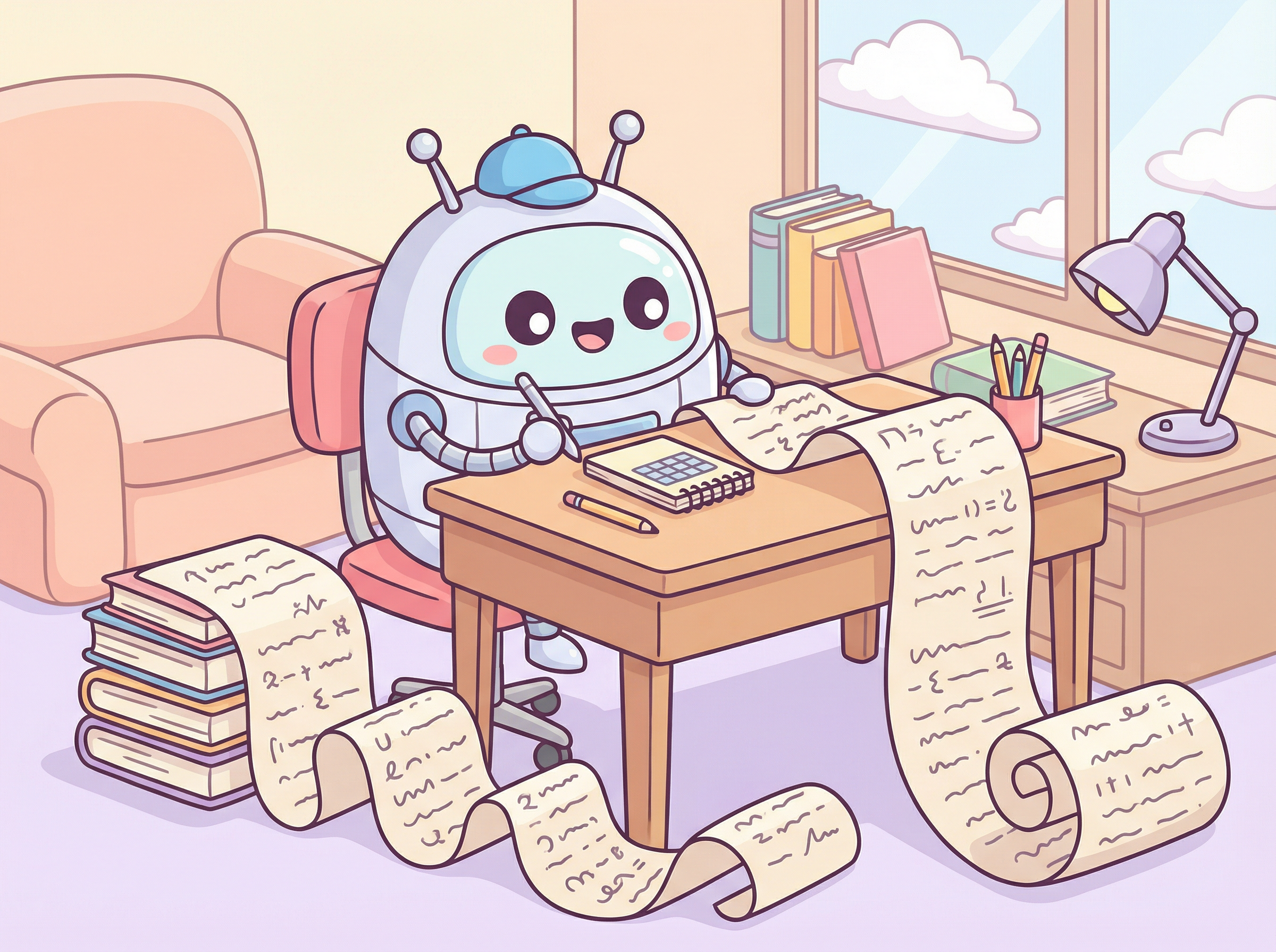 로봇이 작은 노트로 긴 두루마리를 요약하는 모습