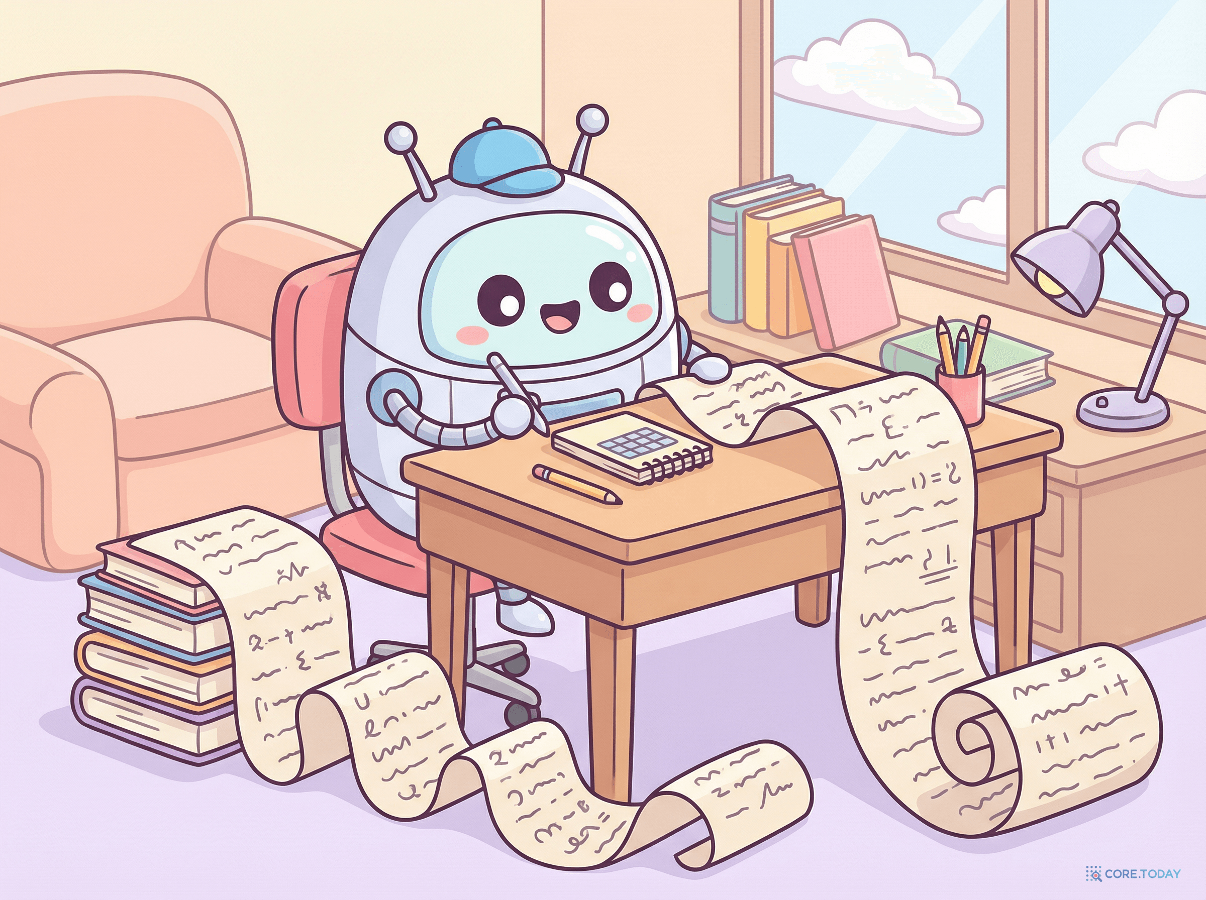 로봇이 작은 노트로 긴 두루마리를 요약하는 모습