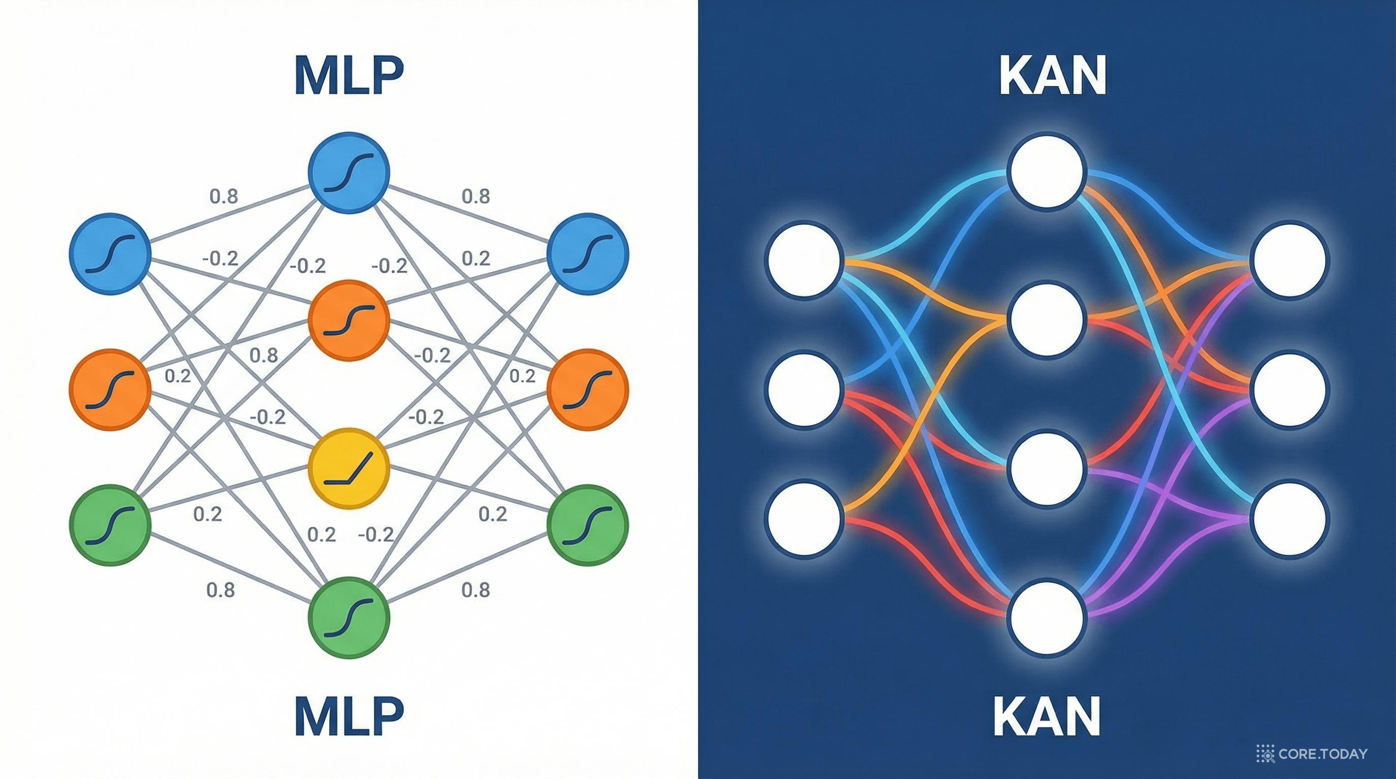 MLP와 KAN의 아키텍처 비교 — 노드에 활성화 함수가 있는 MLP(왼쪽)와 엣지에 학습 가능한 함수가 있는 KAN(오른쪽)