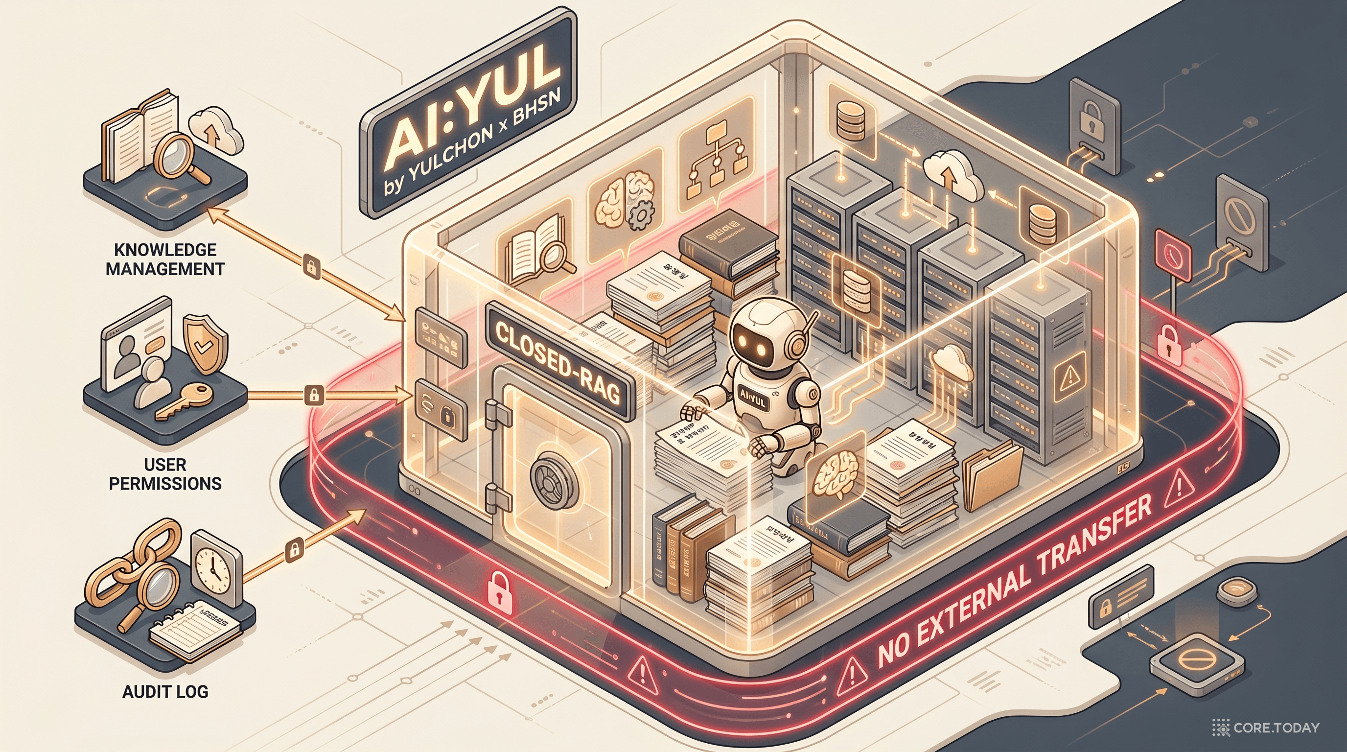 AI:Yul 아키텍처 일러스트 — CLOSED-RAG 볼트 안에서 AI 로봇이 문서를 처리하고 외부로 데이터가 나가지 않는 NO EXTERNAL TRANSFER 경계와 KNOWLEDGE MANAGEMENT/USER PERMISSIONS/AUDIT LOG 연동을 보여주는 인포그래픽