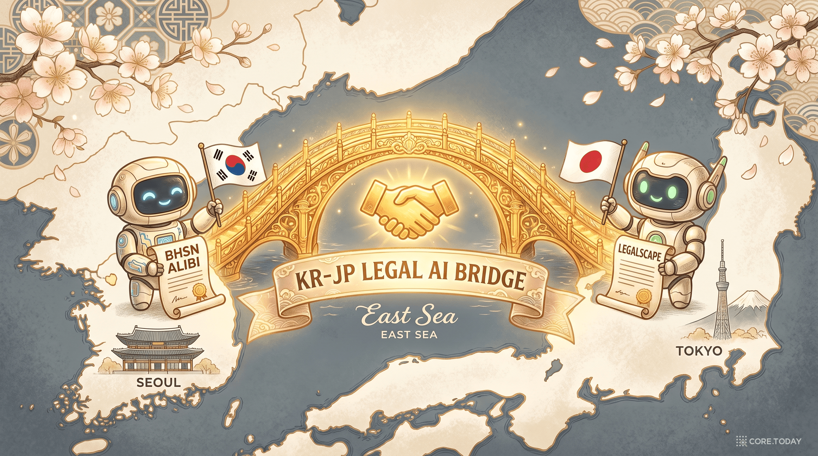 한·일 리걸AI 협력 일러스트 — 서울과 도쿄를 연결하는 금빛 다리(KR-JP LEGAL AI BRIDGE)에서 한국 AI 로봇(BHSN ALIBI)과 일본 AI 로봇(LEGALSCAPE)이 악수하는 장면, 벚꽃·한국 전통 무늬 배경