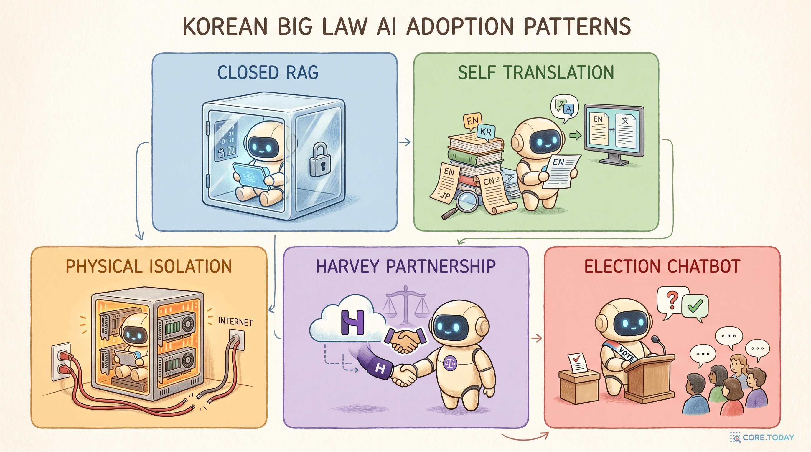 5 firms 패턴 일러스트 — CLOSED RAG, SELF TRANSLATION, PHYSICAL ISOLATION, HARVEY PARTNERSHIP, ELECTION CHATBOT의 5가지 도입 패턴을 친근한 AI 로봇 캐릭터와 함께 정리한 인포그래픽