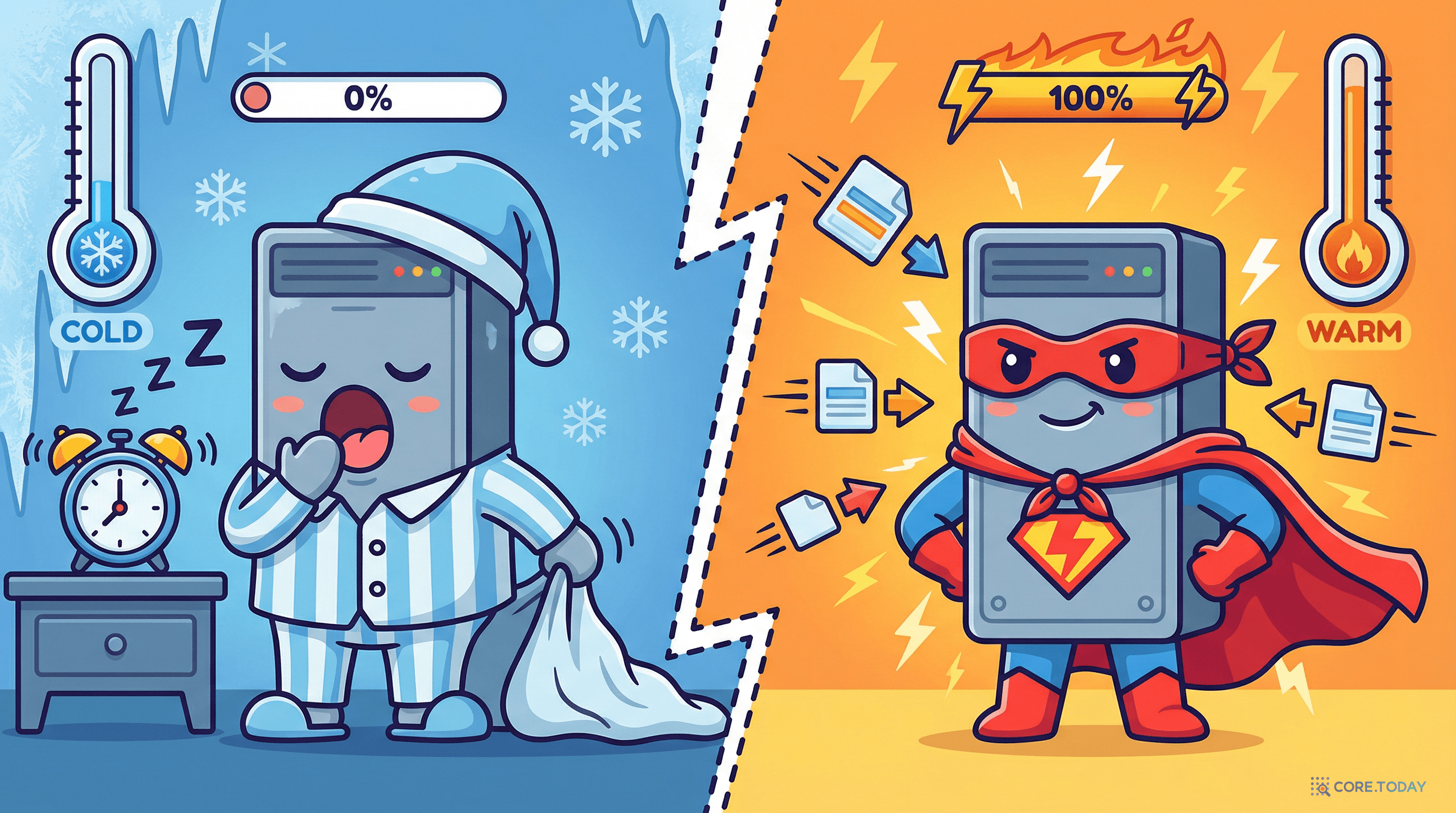 잠에서 깨어나 느리게 준비하는 콜드 스타트와 이미 준비 완료된 슈퍼히어로 상태의 웜 스타트를 비교하는 일러스트