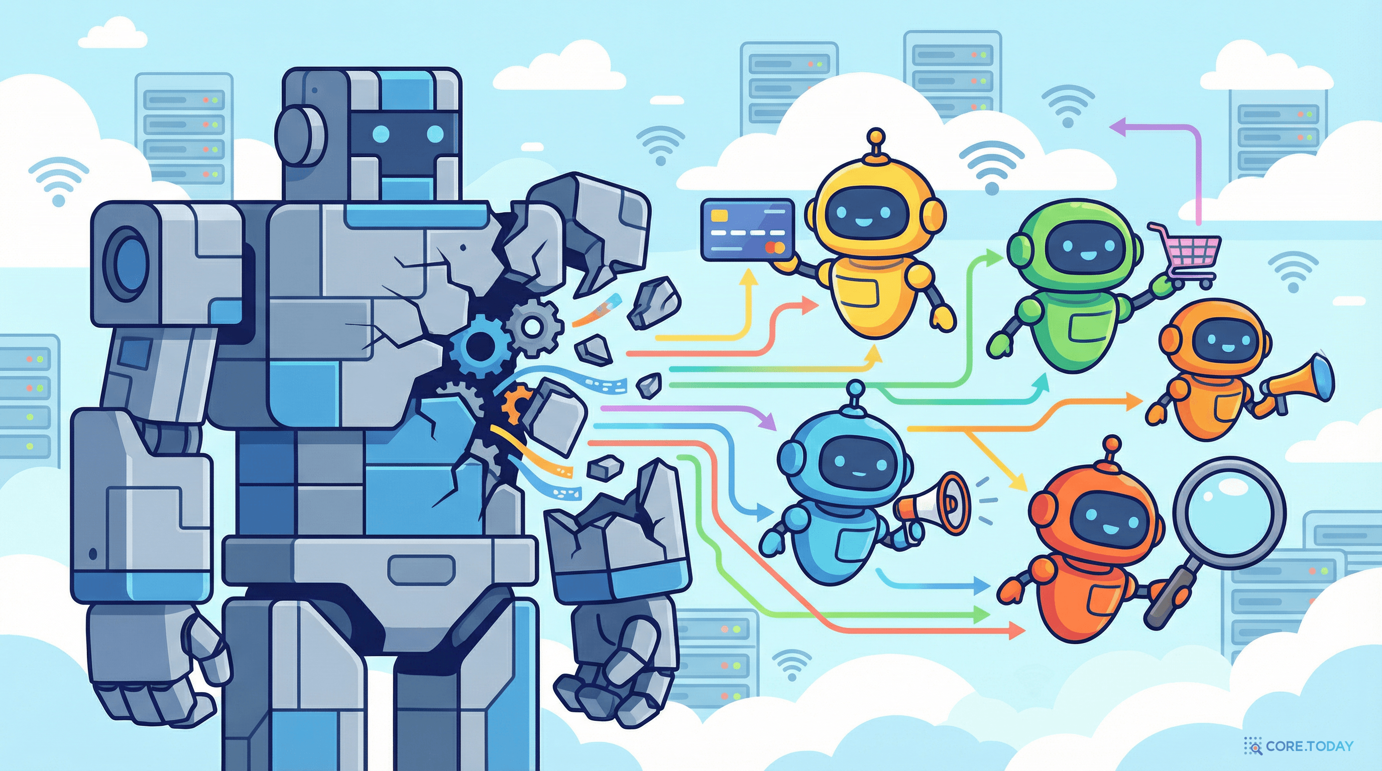 거대한 모놀리스 로봇이 결제, 주문, 알림 등 각자 역할을 가진 작은 마이크로서비스 로봇들로 분리되는 모습