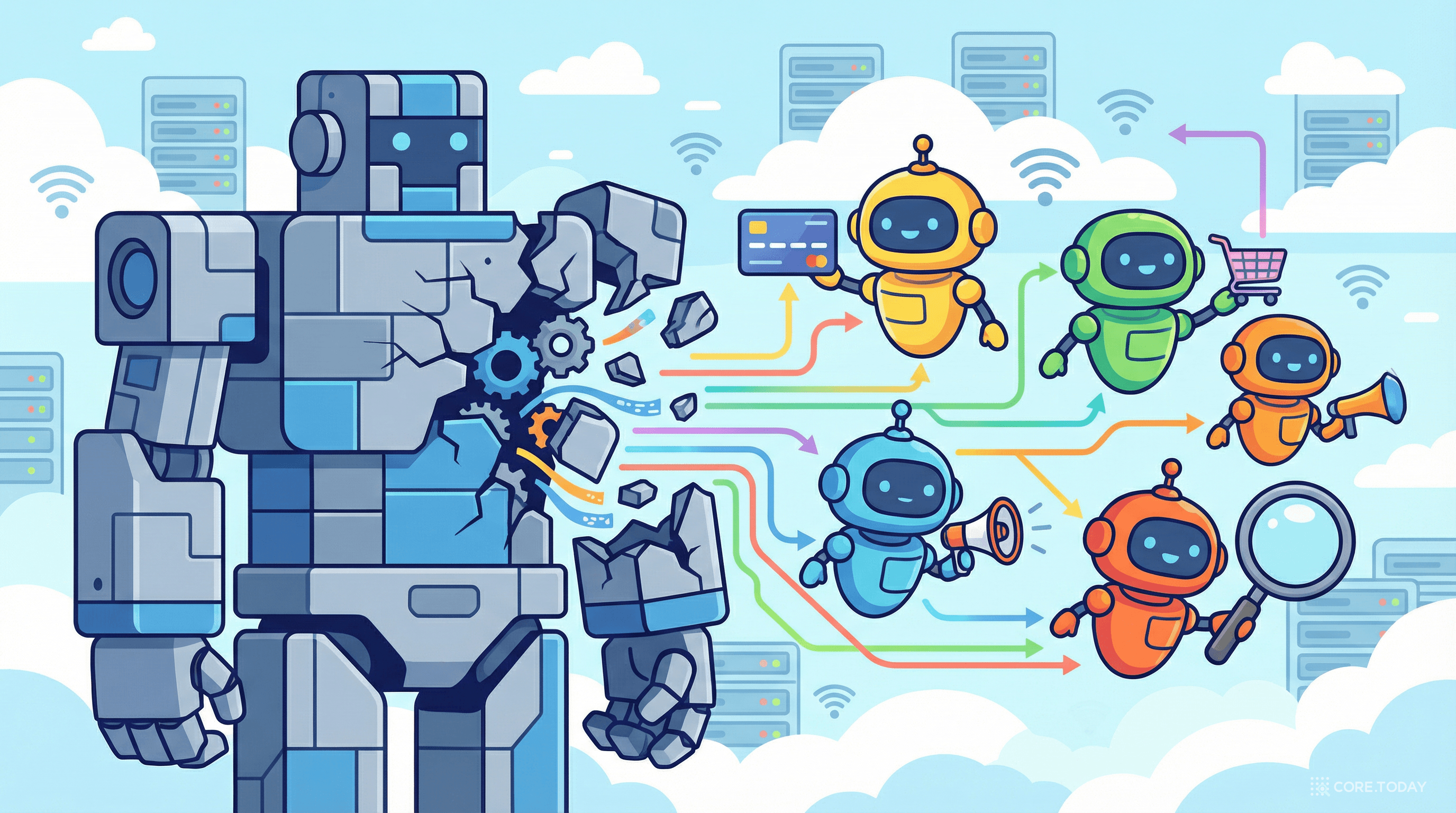 거대한 모놀리스 로봇이 결제, 주문, 알림 등 각자 역할을 가진 작은 마이크로서비스 로봇들로 분리되는 모습