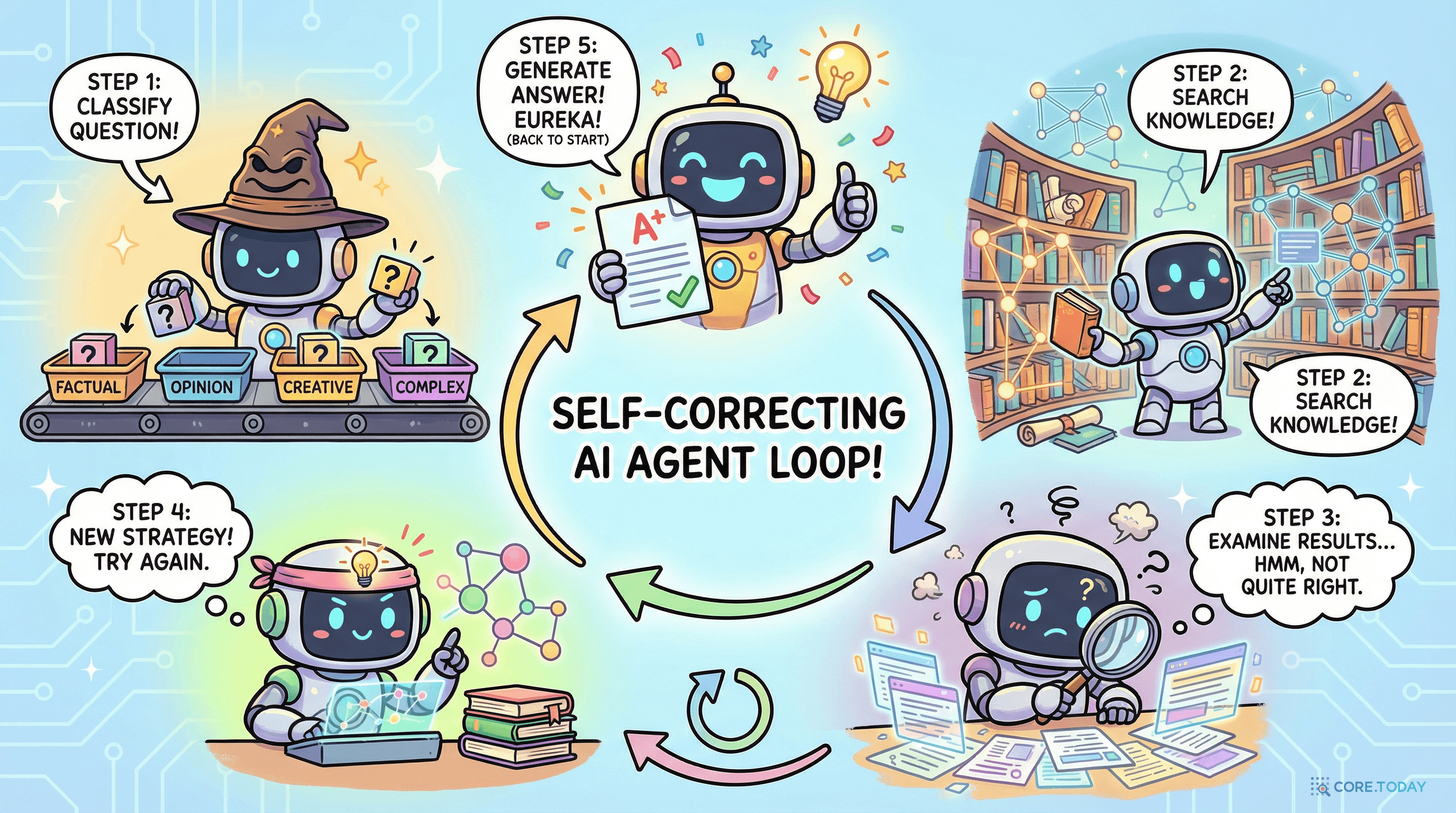 자기 수정 AI 에이전트 루프 — 질문 분류, 검색, 평가, 재시도, 답변 생성의 순환 워크플로