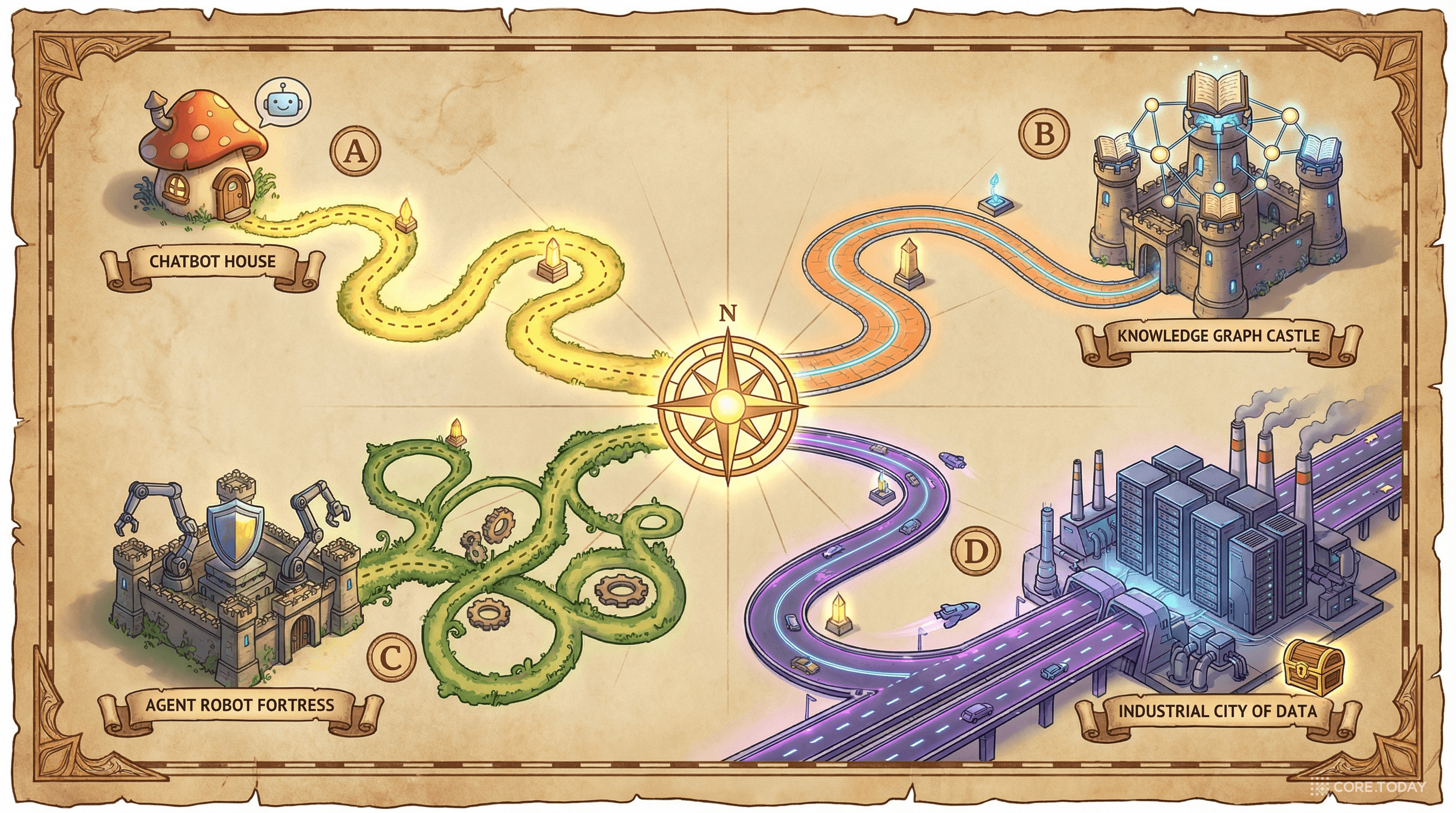 실전 도입 시나리오 — A: 챗봇 하우스, B: 지식 그래프 성, C: 에이전트 요새, D: 데이터 산업 도시