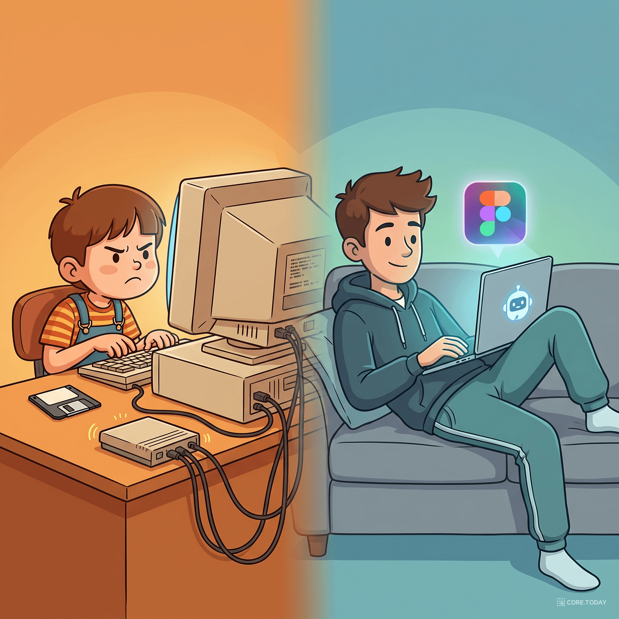 1996년, 플로피 디스크를 들고 낡은 PC와 씨름하는 아이 vs 2026년, 소파에 누워 AI에게 한마디만 하면 앱이 뚝딱 나오는 아이