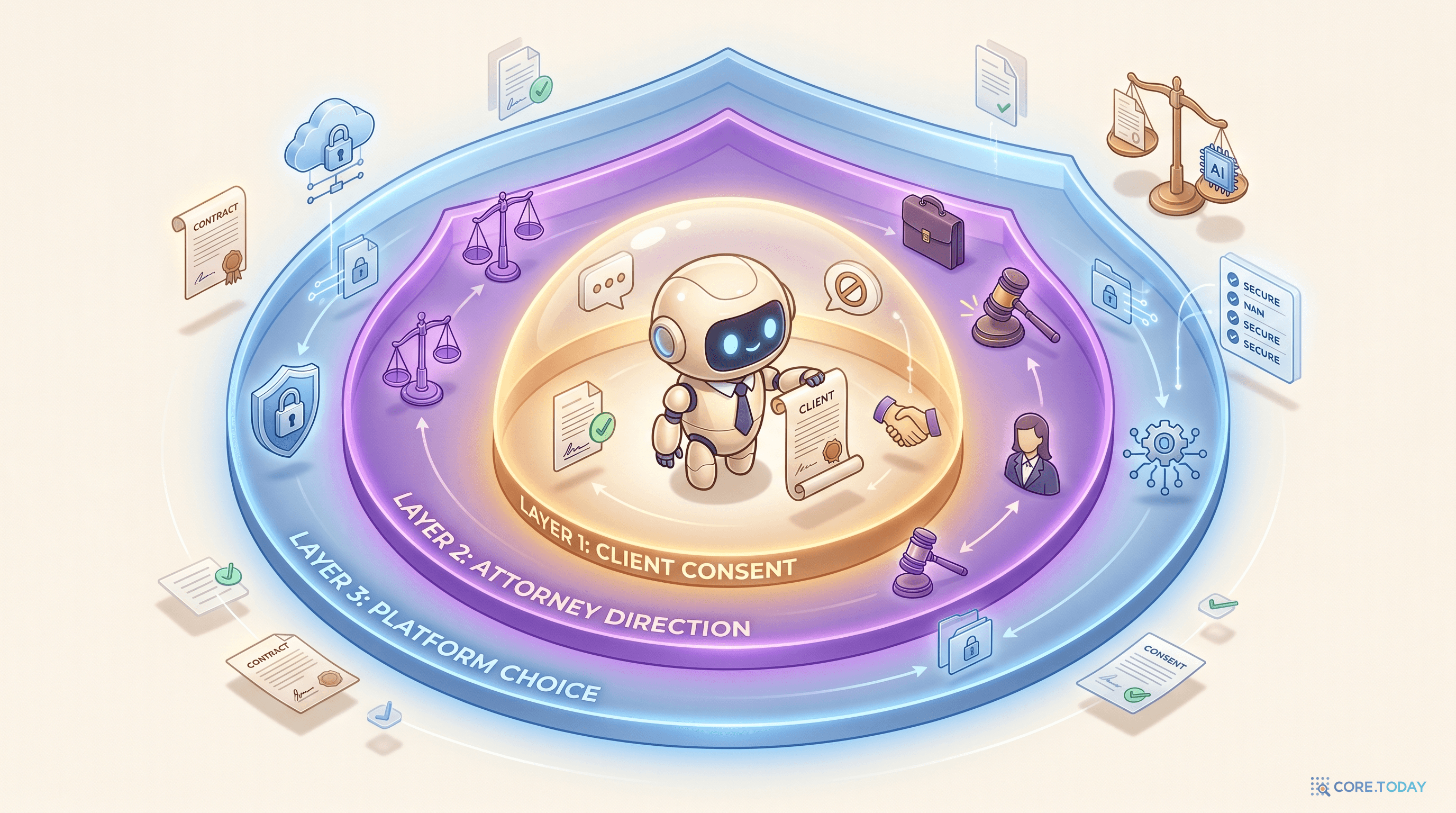 3중 방어 모델 일러스트 — 중앙의 AI 로봇을 둘러싼 3개의 동심원 방패: Layer 1 Client Consent, Layer 2 Attorney Direction, Layer 3 Platform Choice
