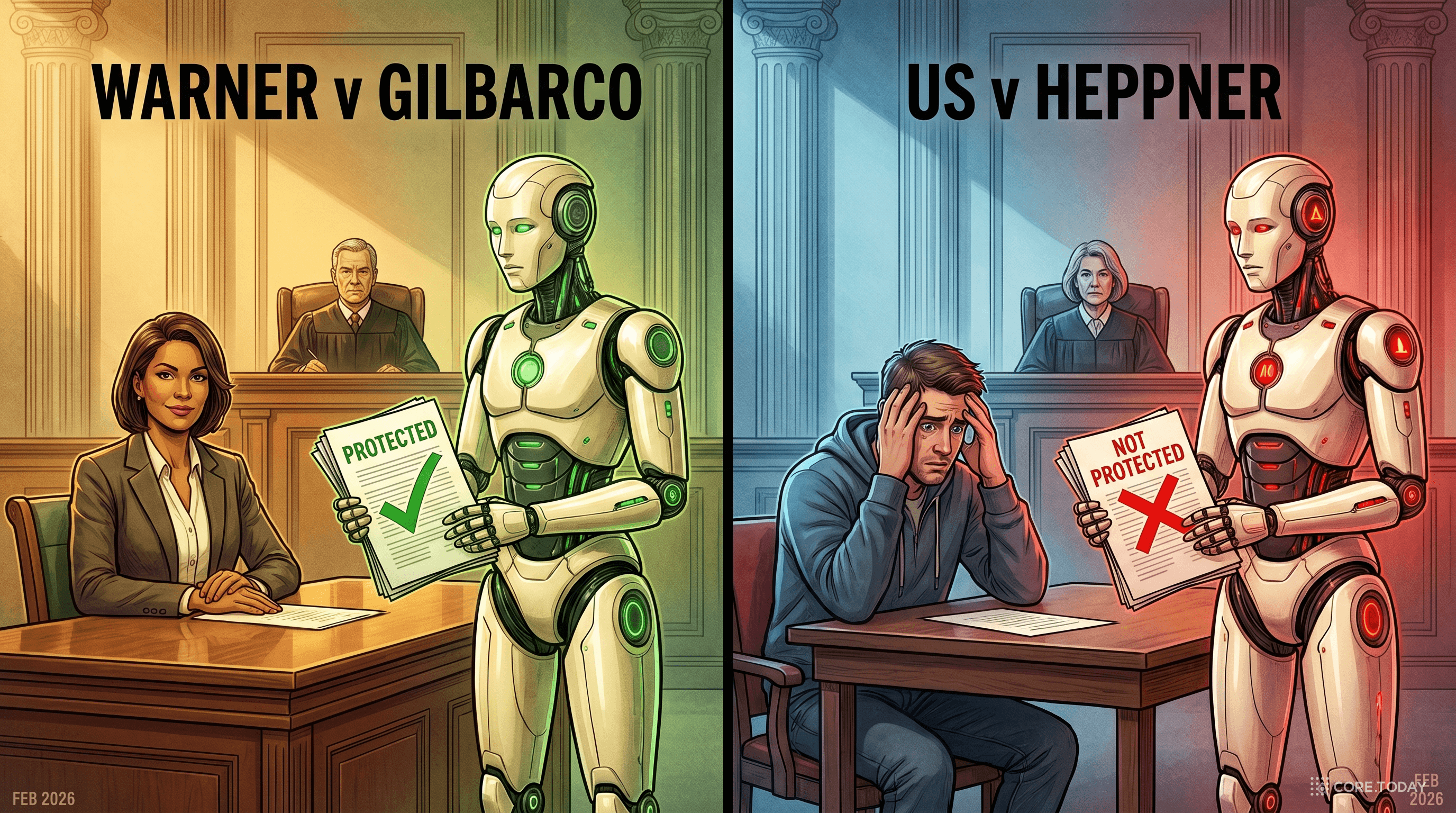Warner vs Heppner 비교 일러스트 — 좌측 패널은 Warner v Gilbarco(보호됨/녹색), 우측 패널은 US v Heppner(보호 안 됨/빨강)의 두 법정 장면 분할