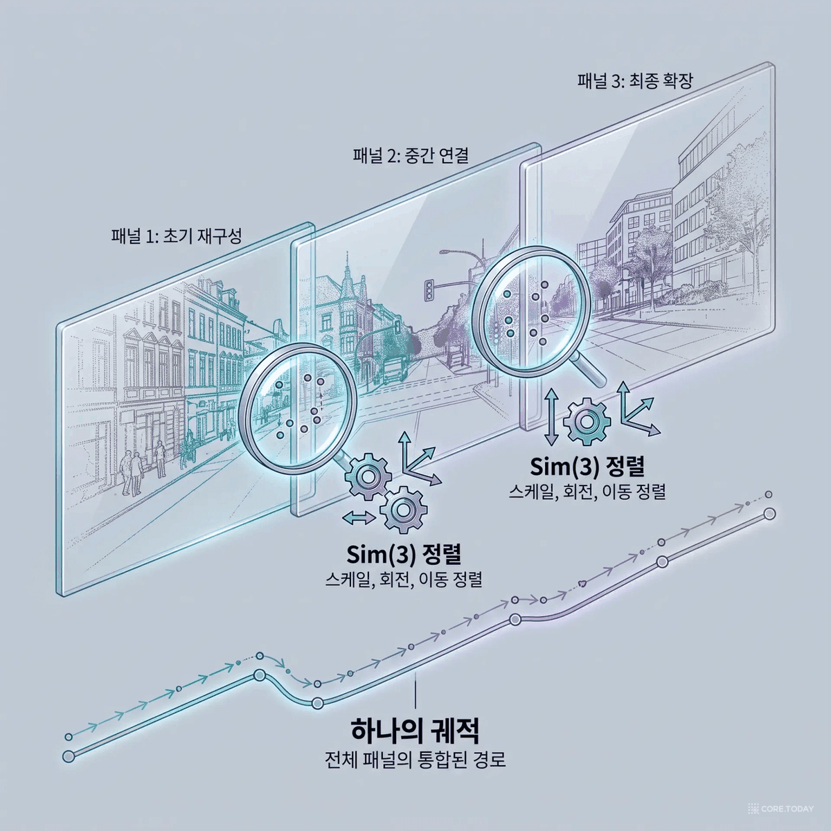 창 사이를 Sim(3) 정렬로 이어붙인다