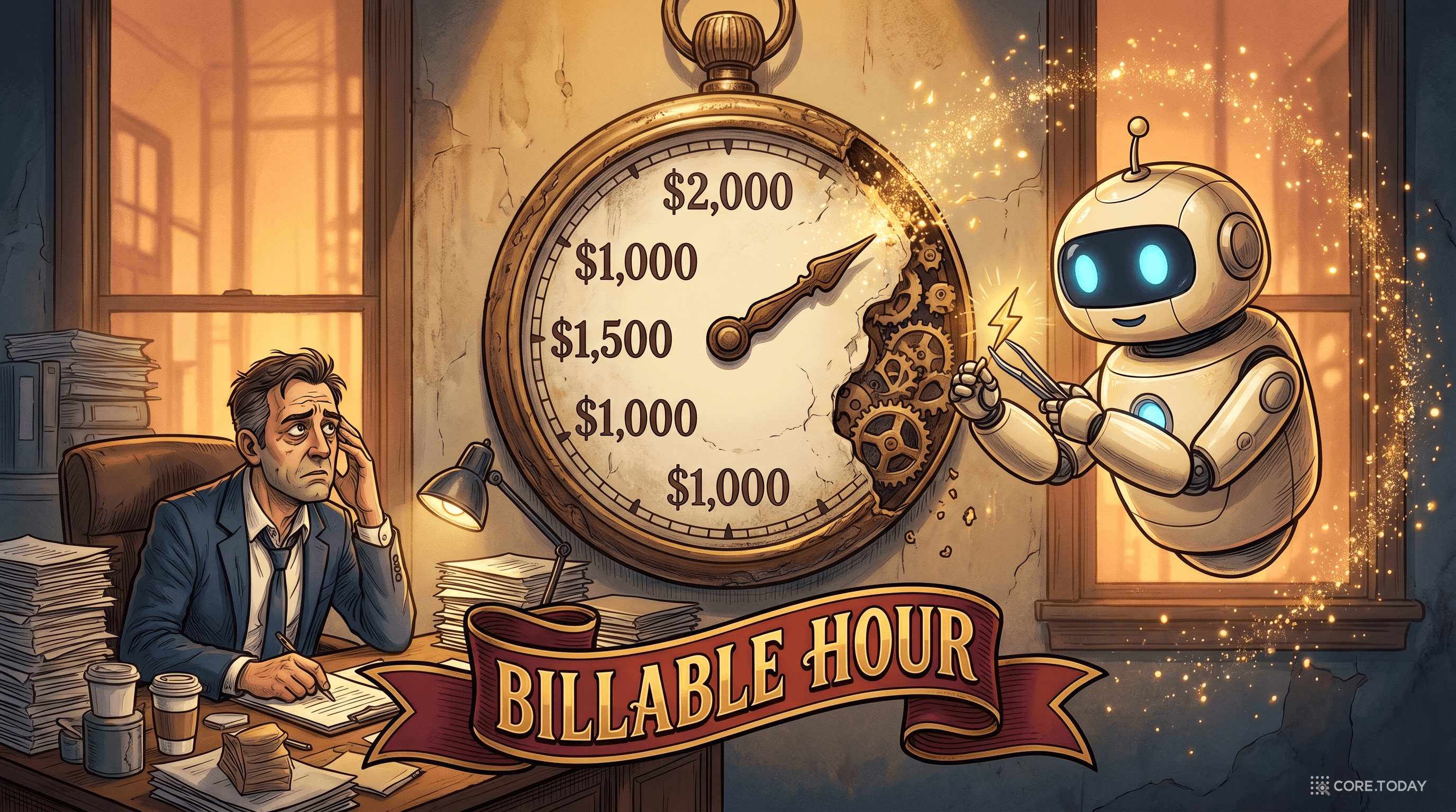 Billable Hour 일러스트 — 거대한 시계의 시침이 $1,000·$1,500·$2,000을 가리키는 가운데, 친근한 AI 로봇이 시계 부품을 해체하며 시간 청구 모델을 바꾸는 장면