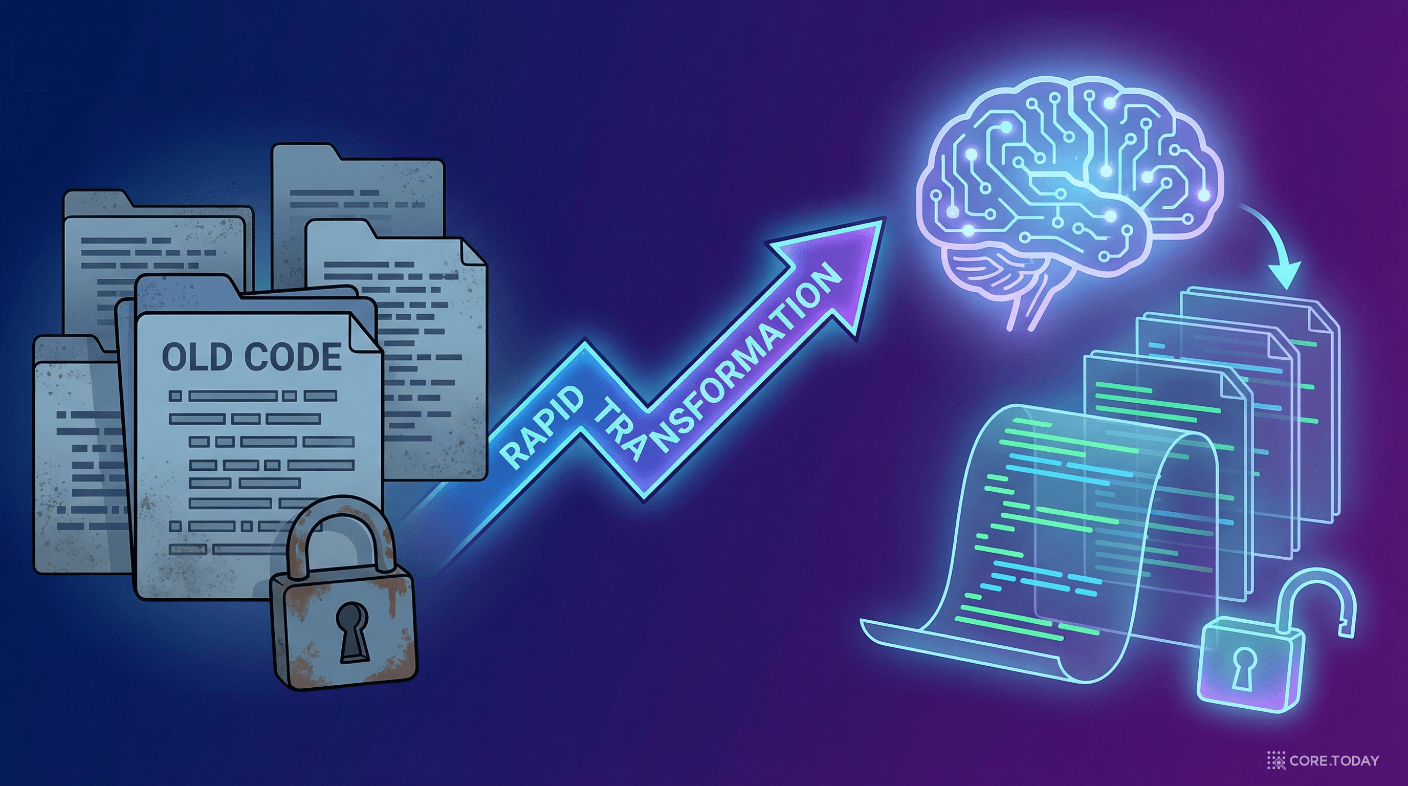 AI가 코드를 변환하는 모습의 일러스트