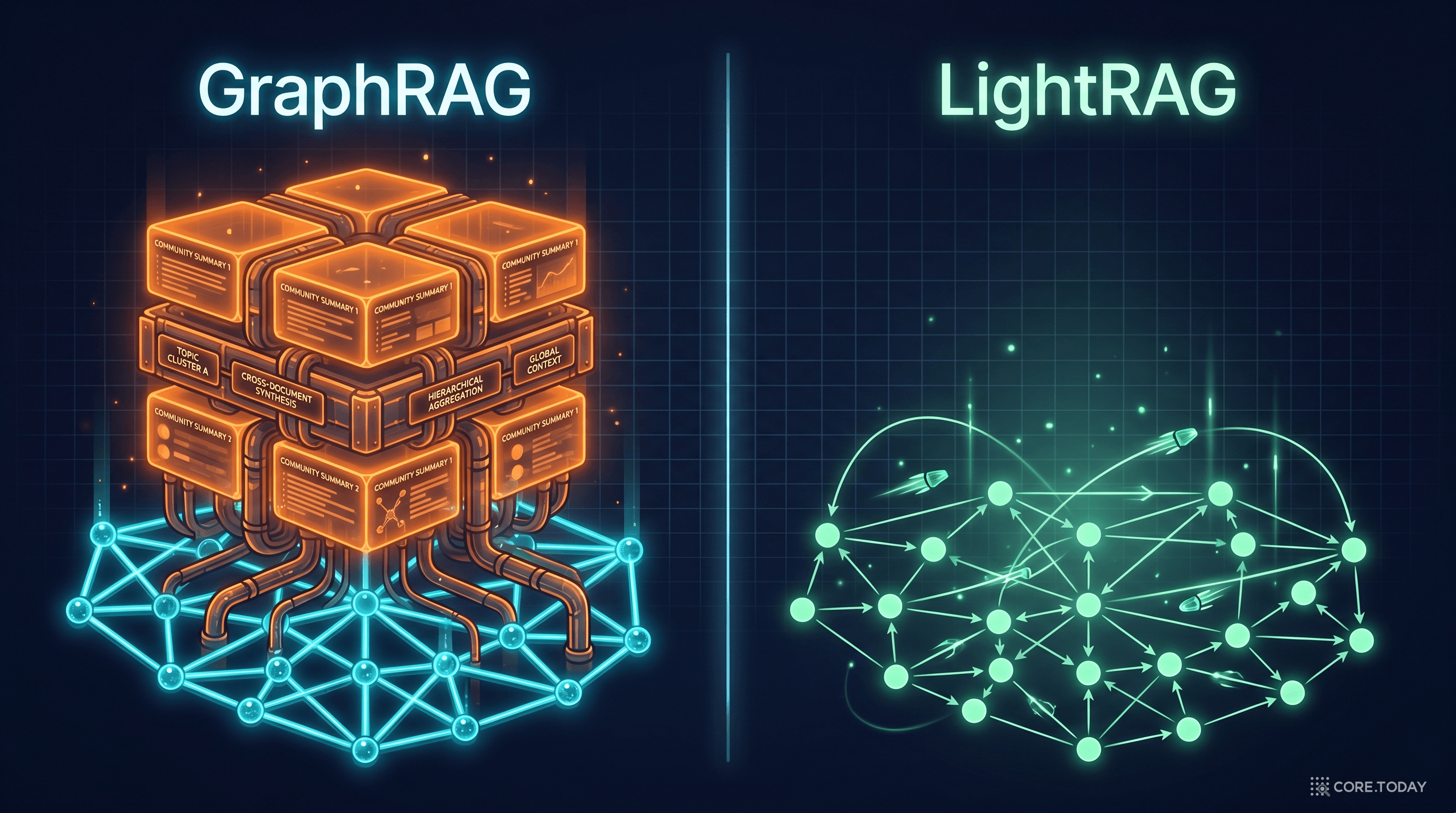 GraphRAG와 LightRAG의 구조 차이 — GraphRAG는 지식 그래프 위에 무거운 커뮤니티 요약 계층을 얹지만, LightRAG는 그래프 자체만으로 검색을 완성한다.
