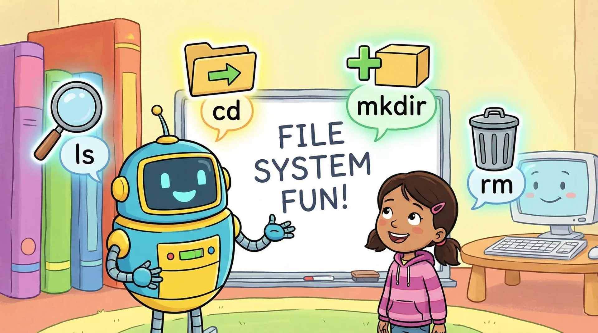 친근한 로봇이 학생에게 파일 시스템 명령어를 가르치는 모습