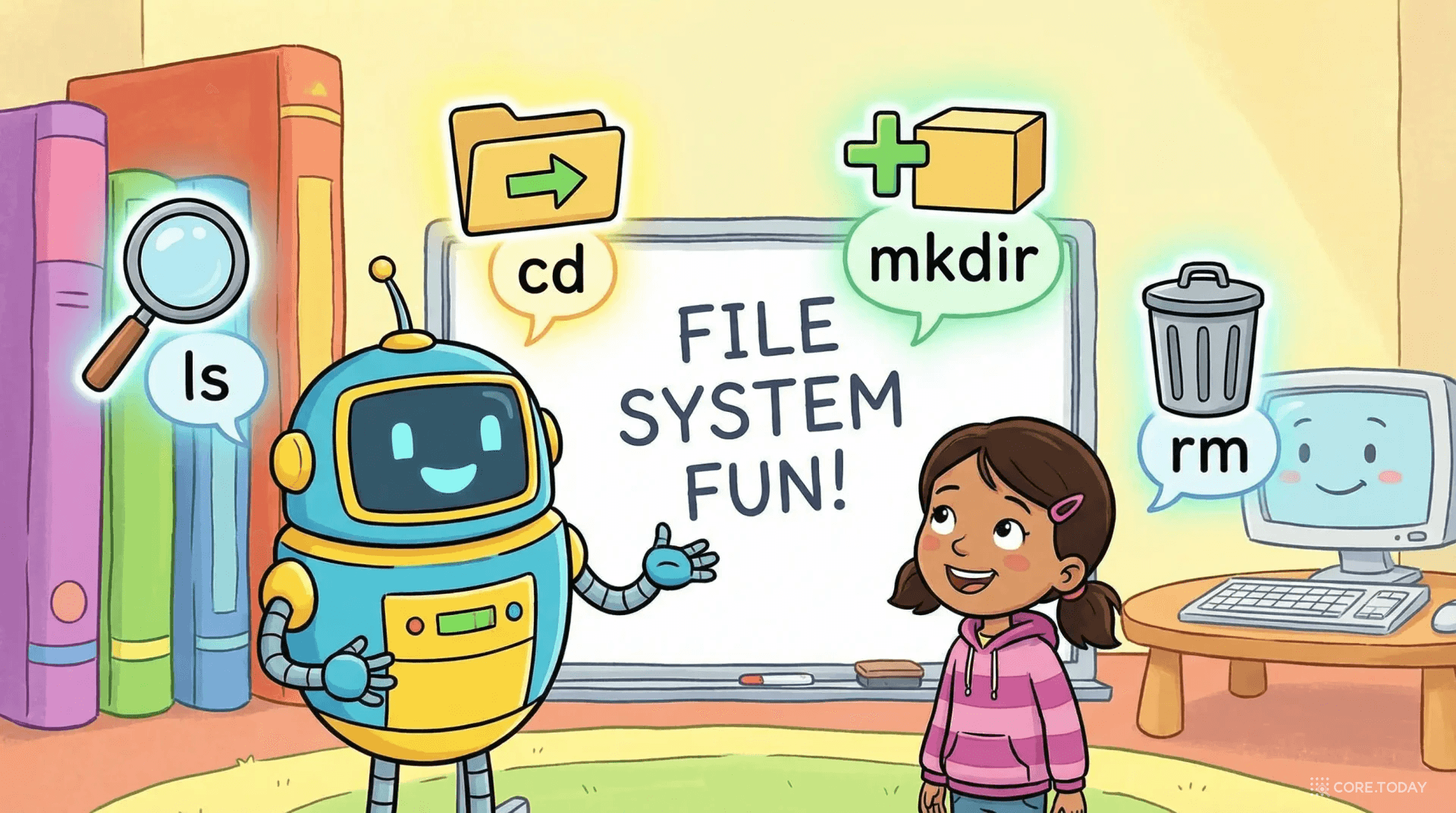 친근한 로봇이 학생에게 파일 시스템 명령어를 가르치는 모습
