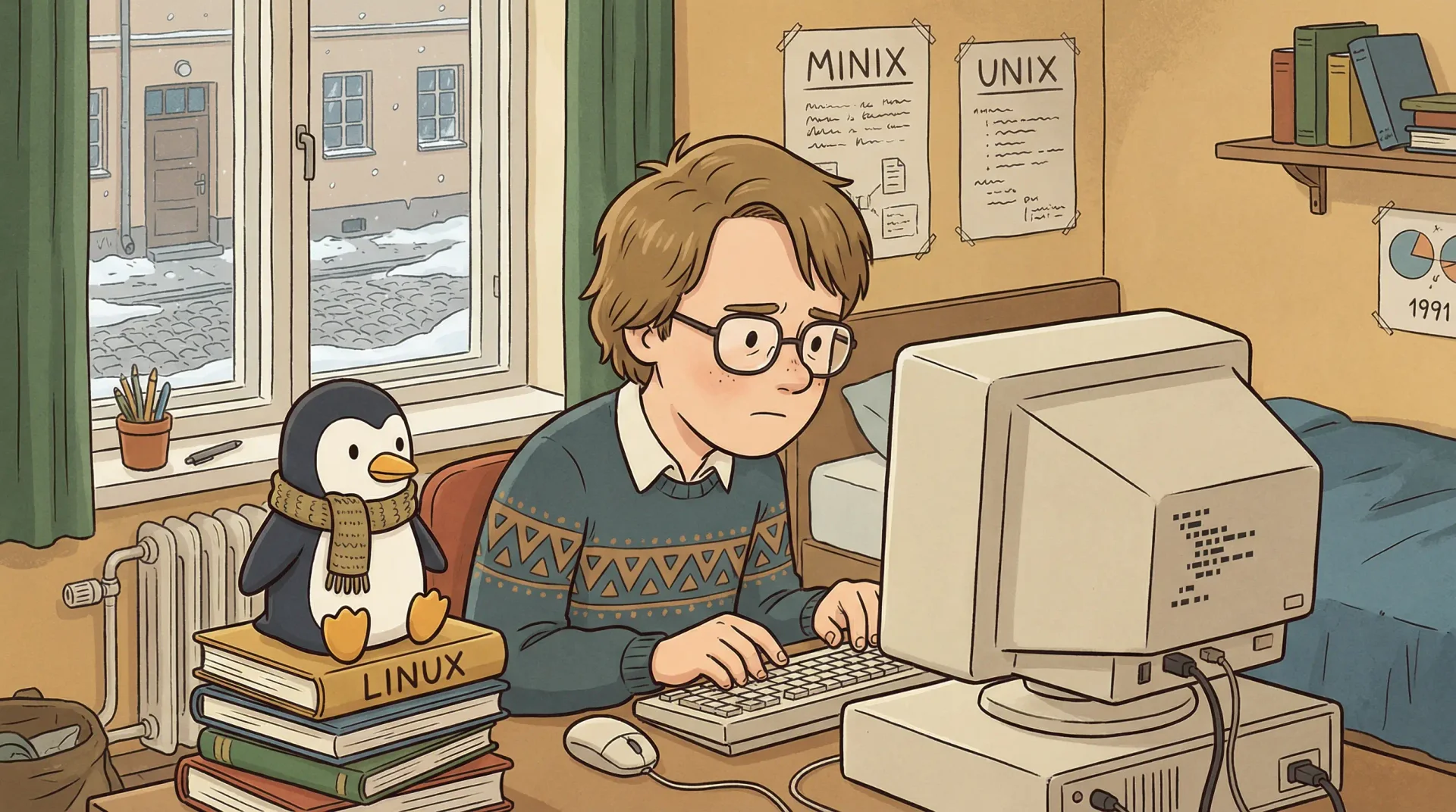 1991년 헬싱키에서 코딩하는 젊은 리누스 토르발스와 펭귄 마스코트