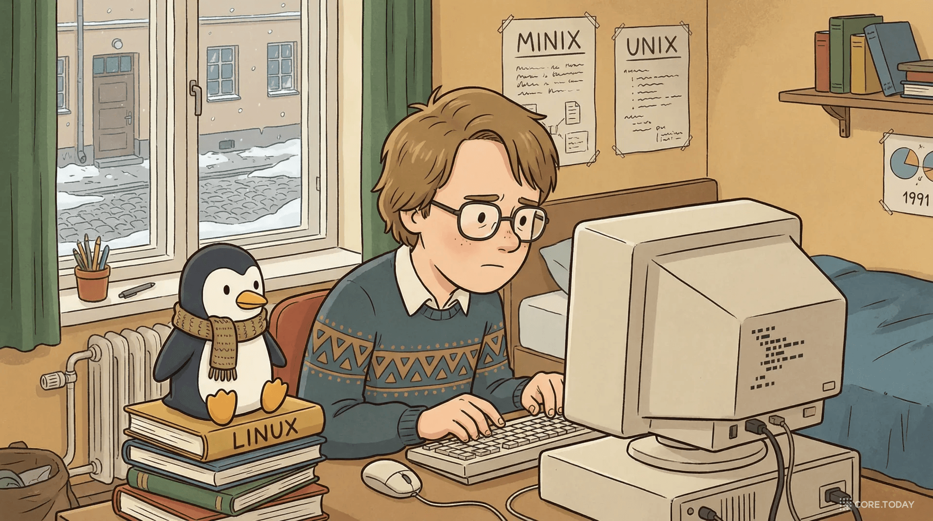 1991년 헬싱키에서 코딩하는 젊은 리누스 토르발스와 펭귄 마스코트