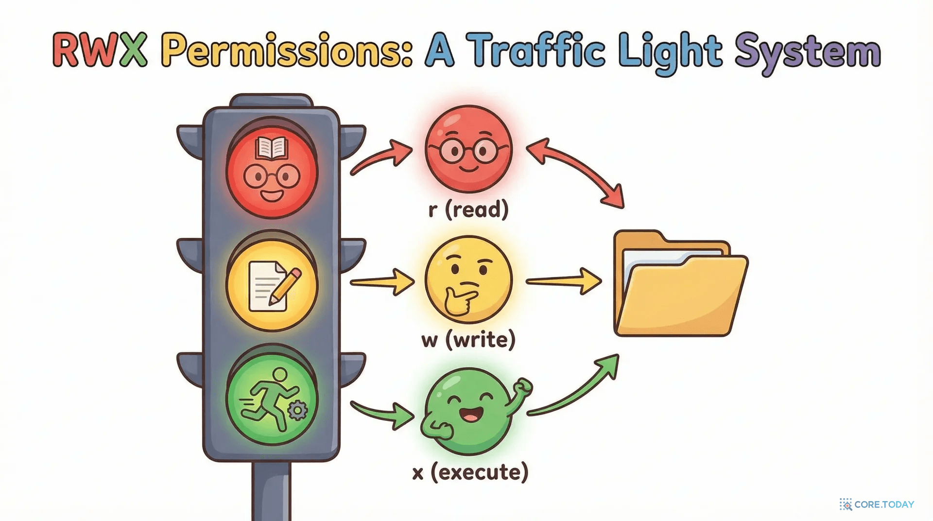 rwx 권한을 신호등에 비유한 세 캐릭터
