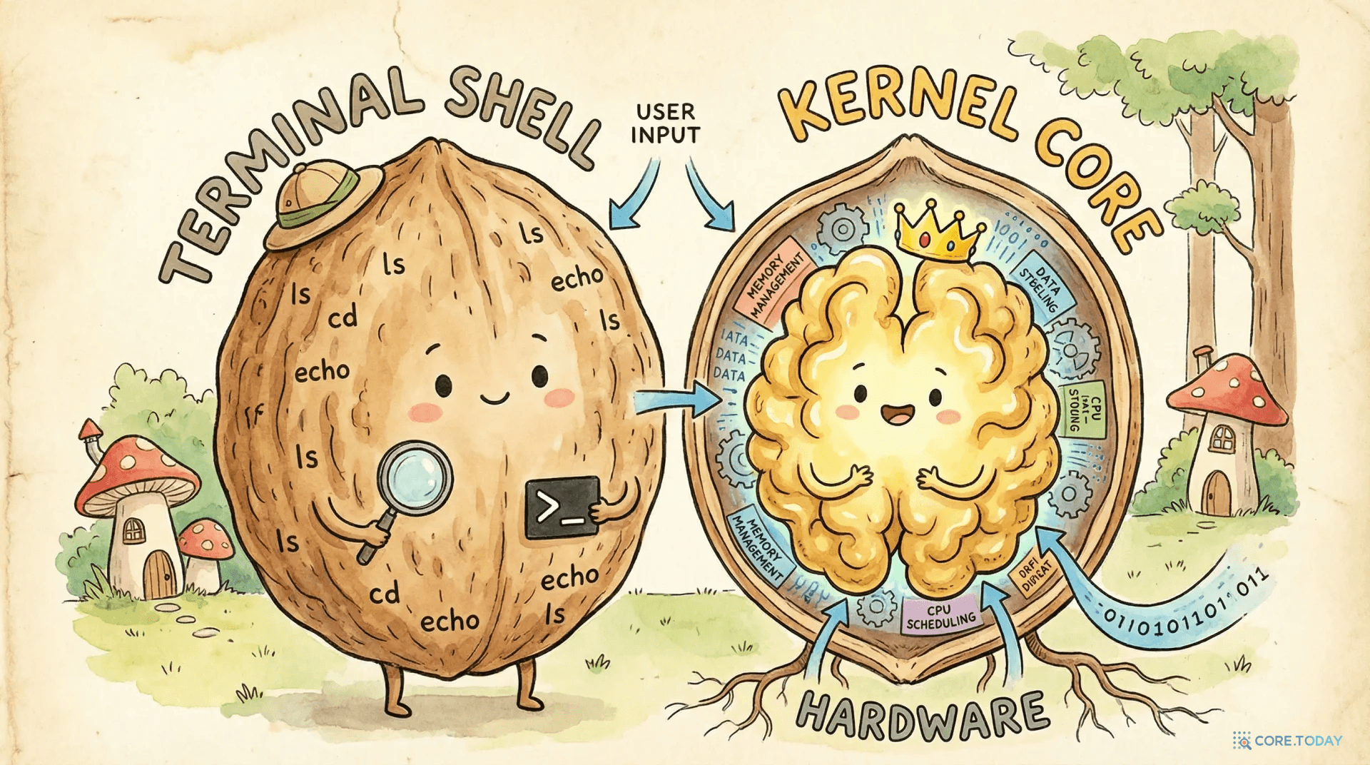 터미널, 셸, 커널의 관계를 호두에 비유한 그림