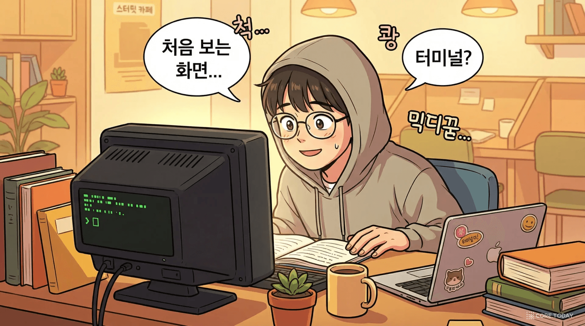 처음 터미널 화면을 마주한 한국 대학생의 호기심 어린 표정