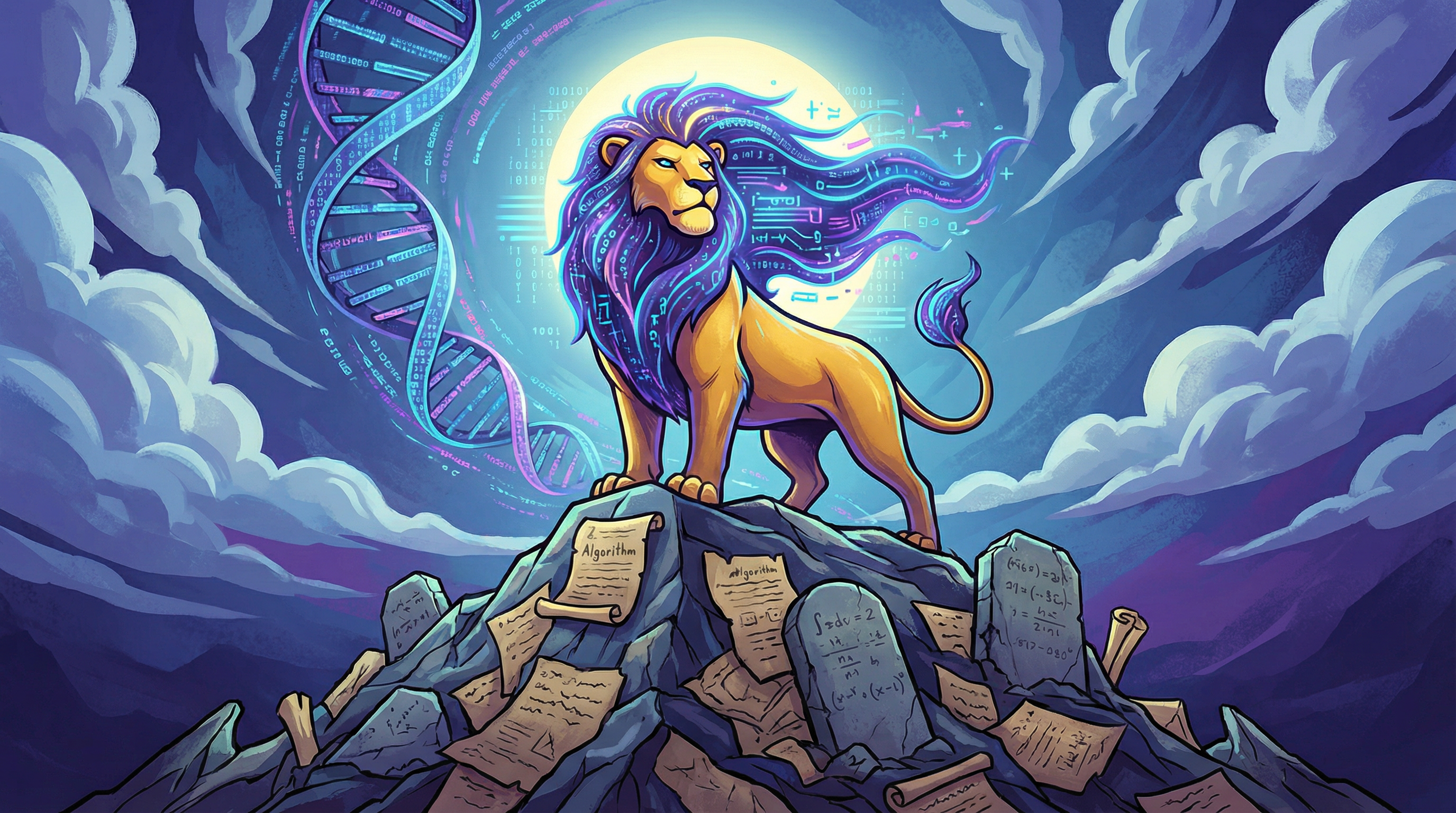 코드의 DNA 나선 앞에서 알고리즘 논문 무덤 위에 선 황금 사자