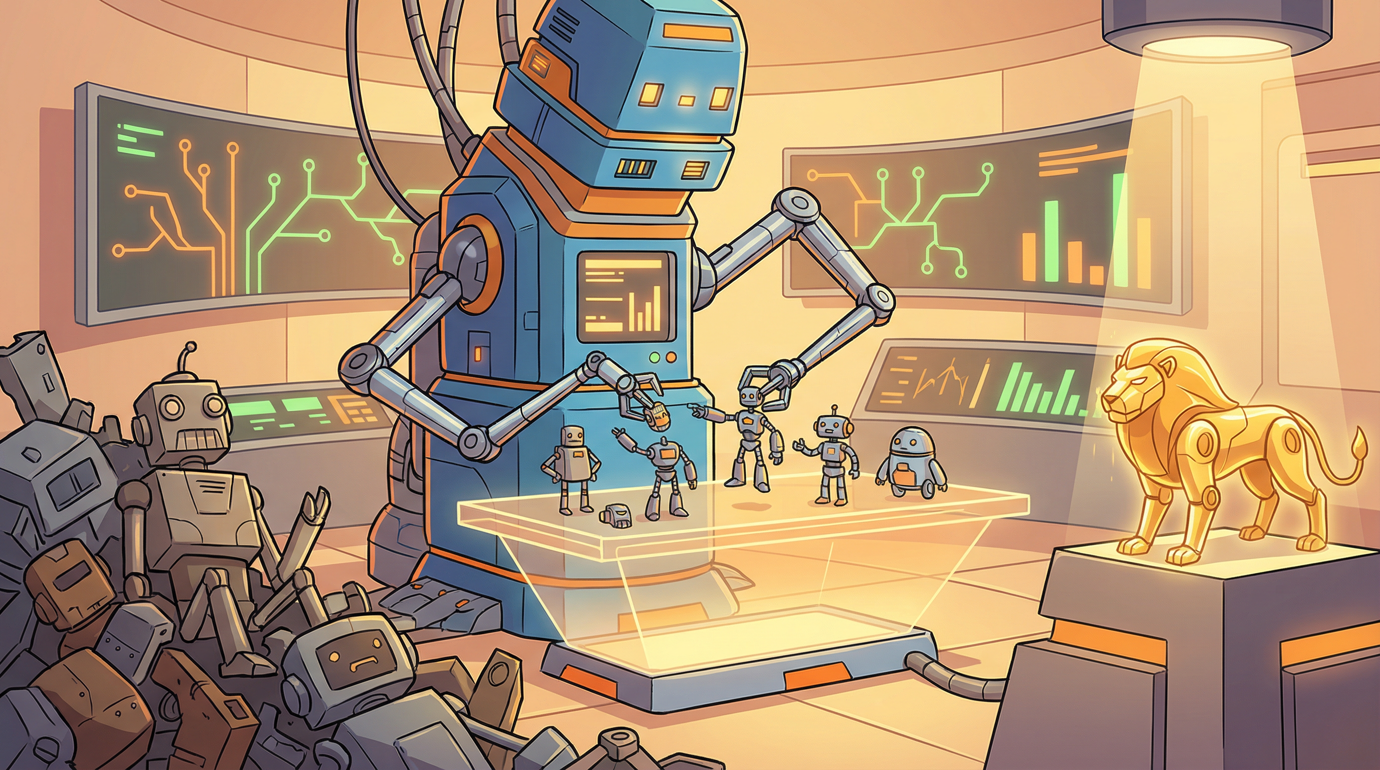 AI 연구소에서 거대 AI가 작은 로봇들을 테스트하고, 황금 사자 로봇이 최종 선택되는 장면